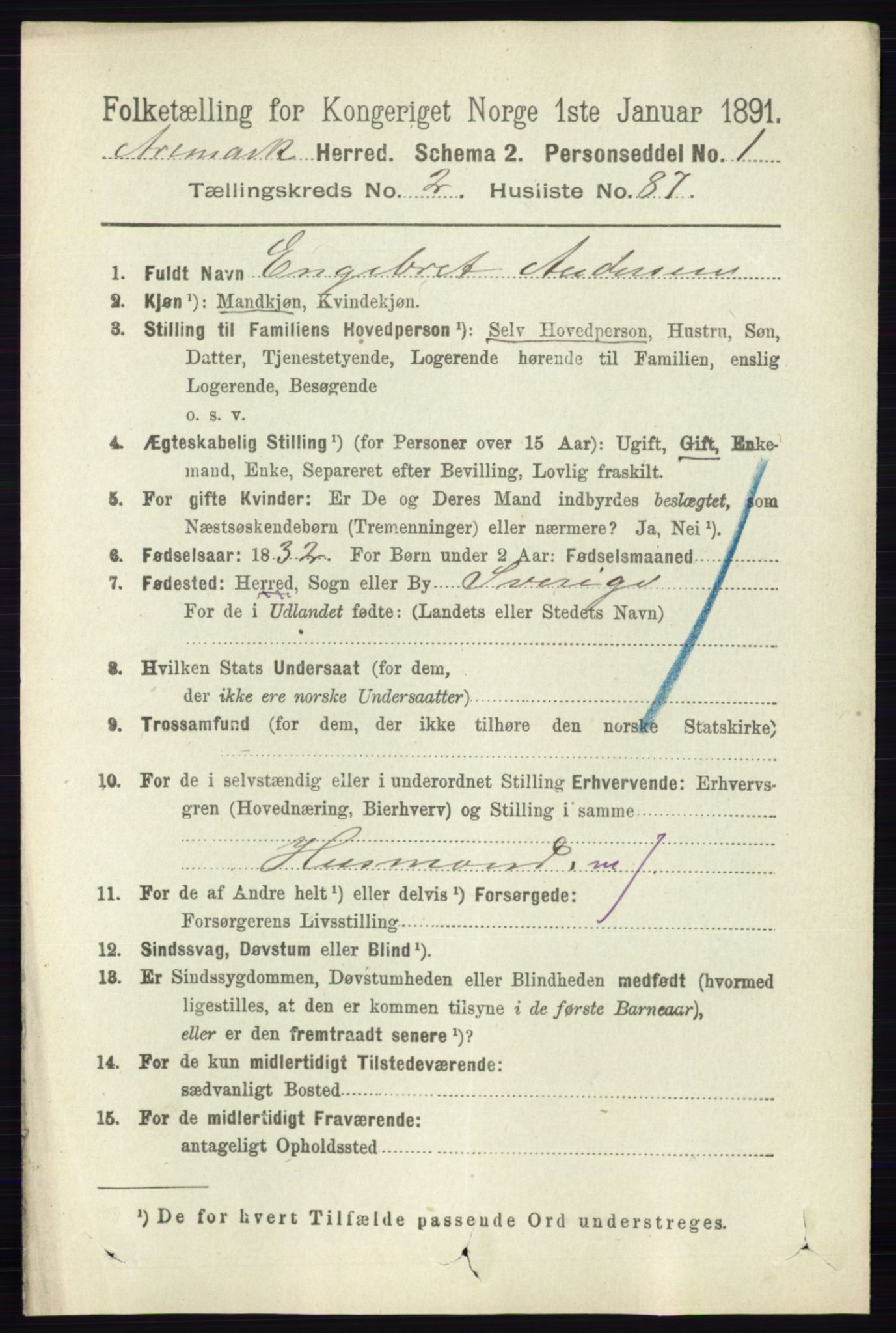 RA, 1891 census for 0118 Aremark, 1891, p. 1332