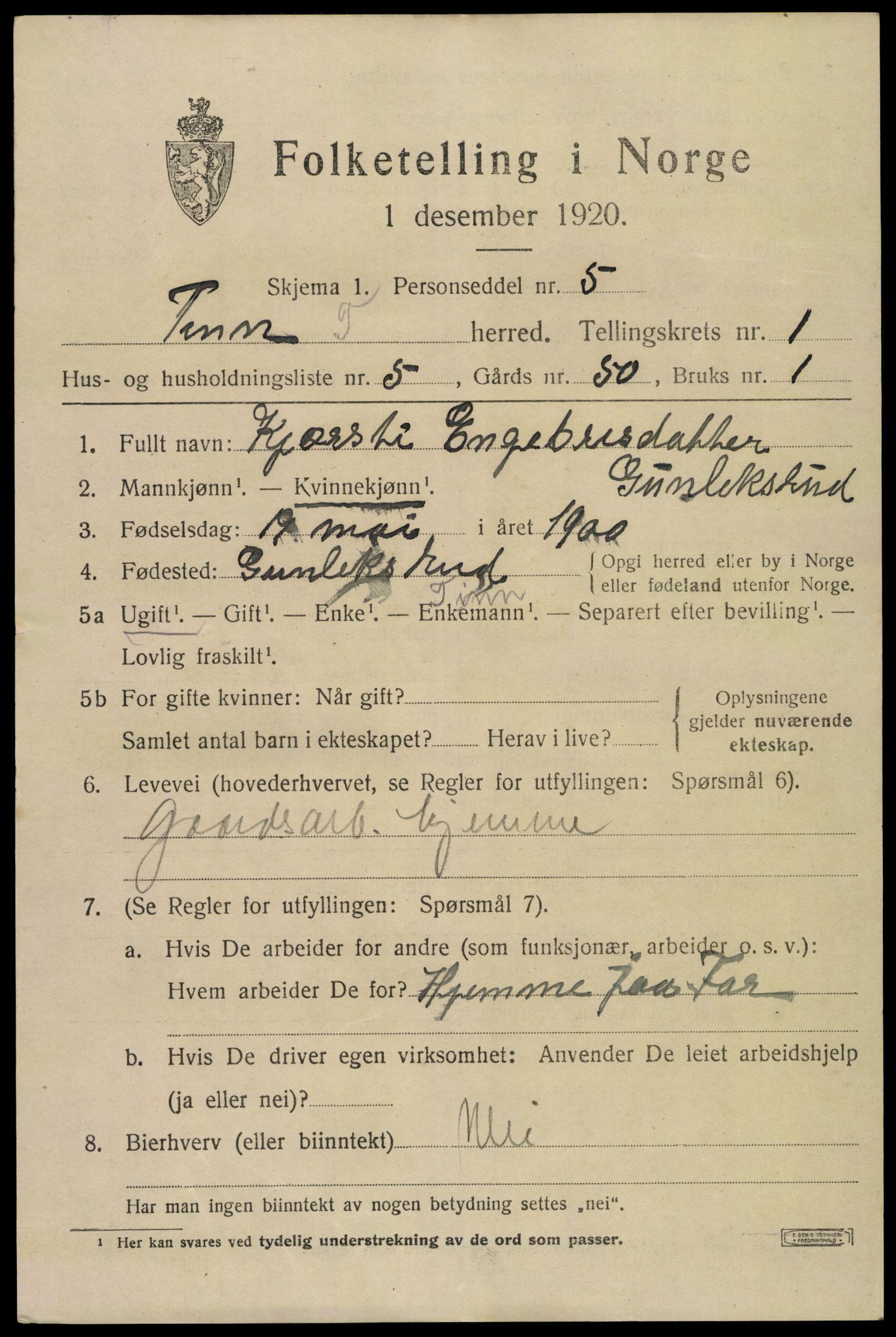 SAKO, 1920 census for Tinn, 1920, p. 2742