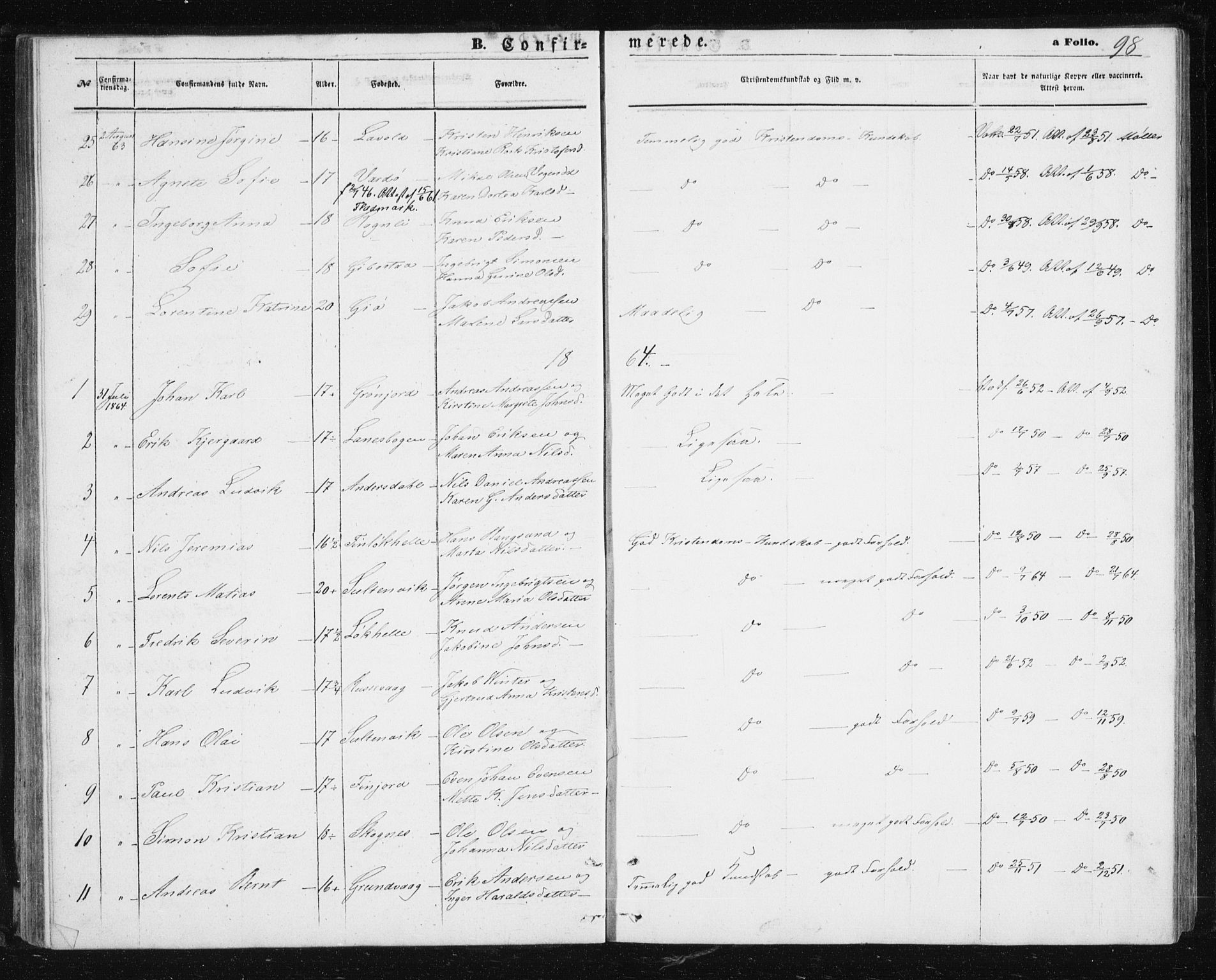 Lenvik sokneprestembete, SATØ/S-1310/H/Ha/Hab/L0004klokker: Parish register (copy) no. 4, 1859-1869, p. 98
