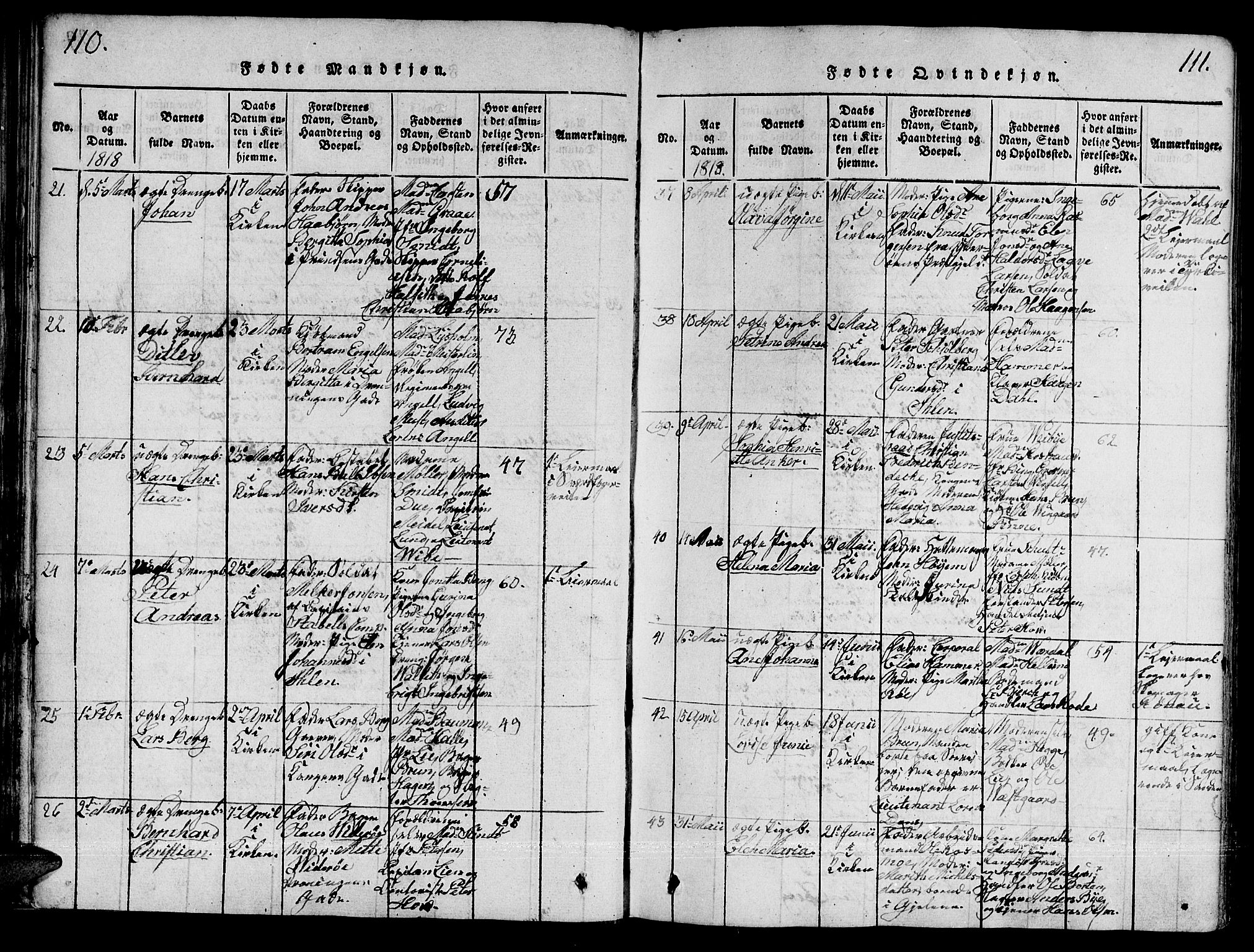 Ministerialprotokoller, klokkerbøker og fødselsregistre - Sør-Trøndelag, AV/SAT-A-1456/601/L0043: Parish register (official) no. 601A11, 1815-1821, p. 110-111