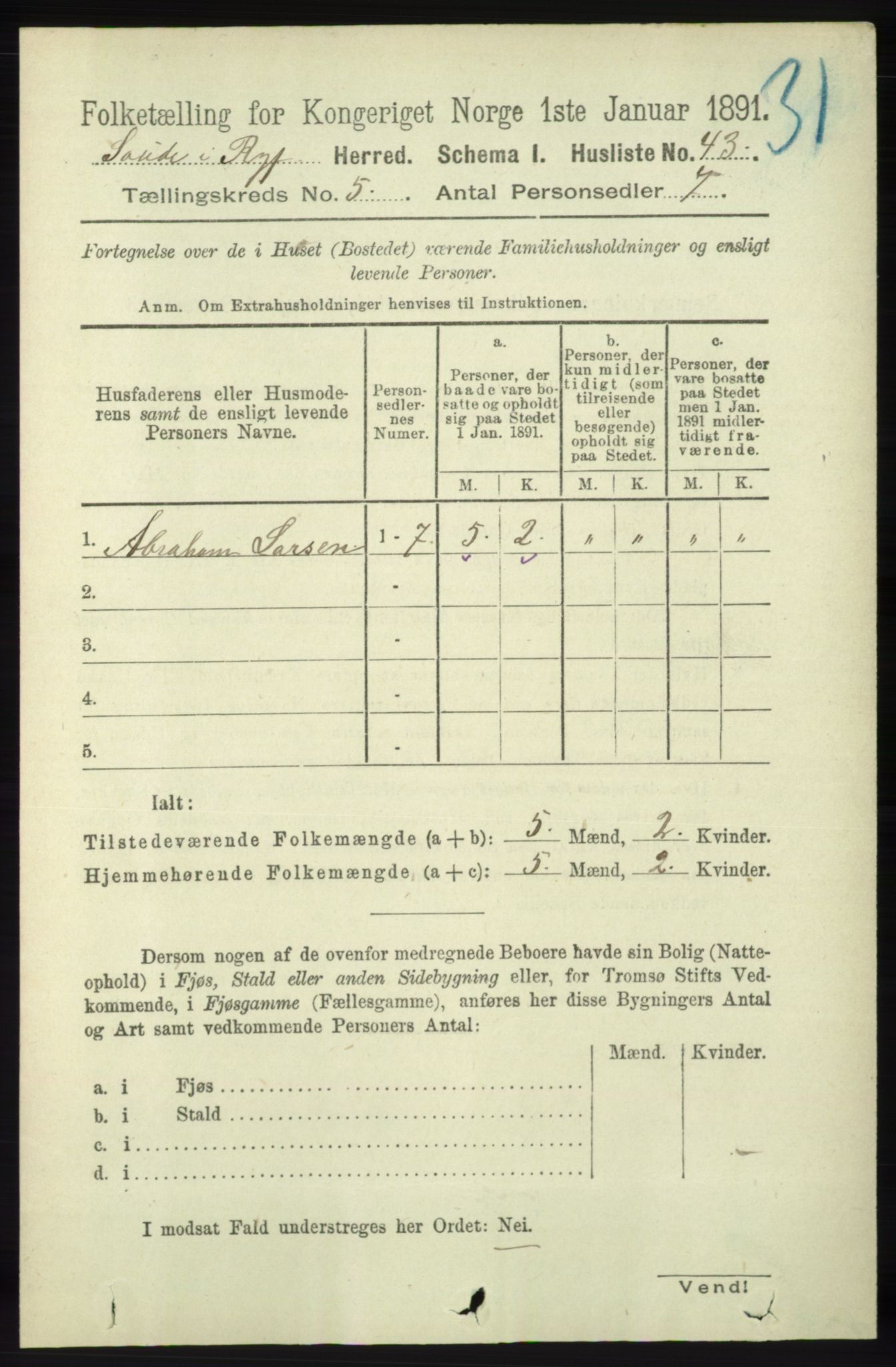 RA, 1891 census for 1135 Sauda, 1891, p. 2205