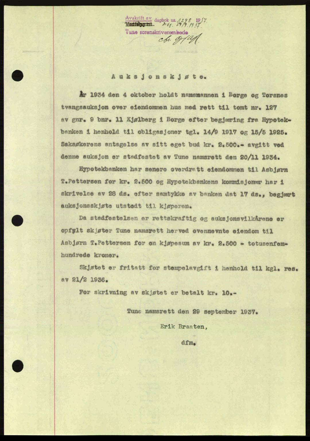 Tune sorenskriveri, AV/SAO-A-10470/G/Gb/Gbg/Gbga/L0001: Mortgage book no. A1-6, 1935-1941, Deed date: 29.09.1937