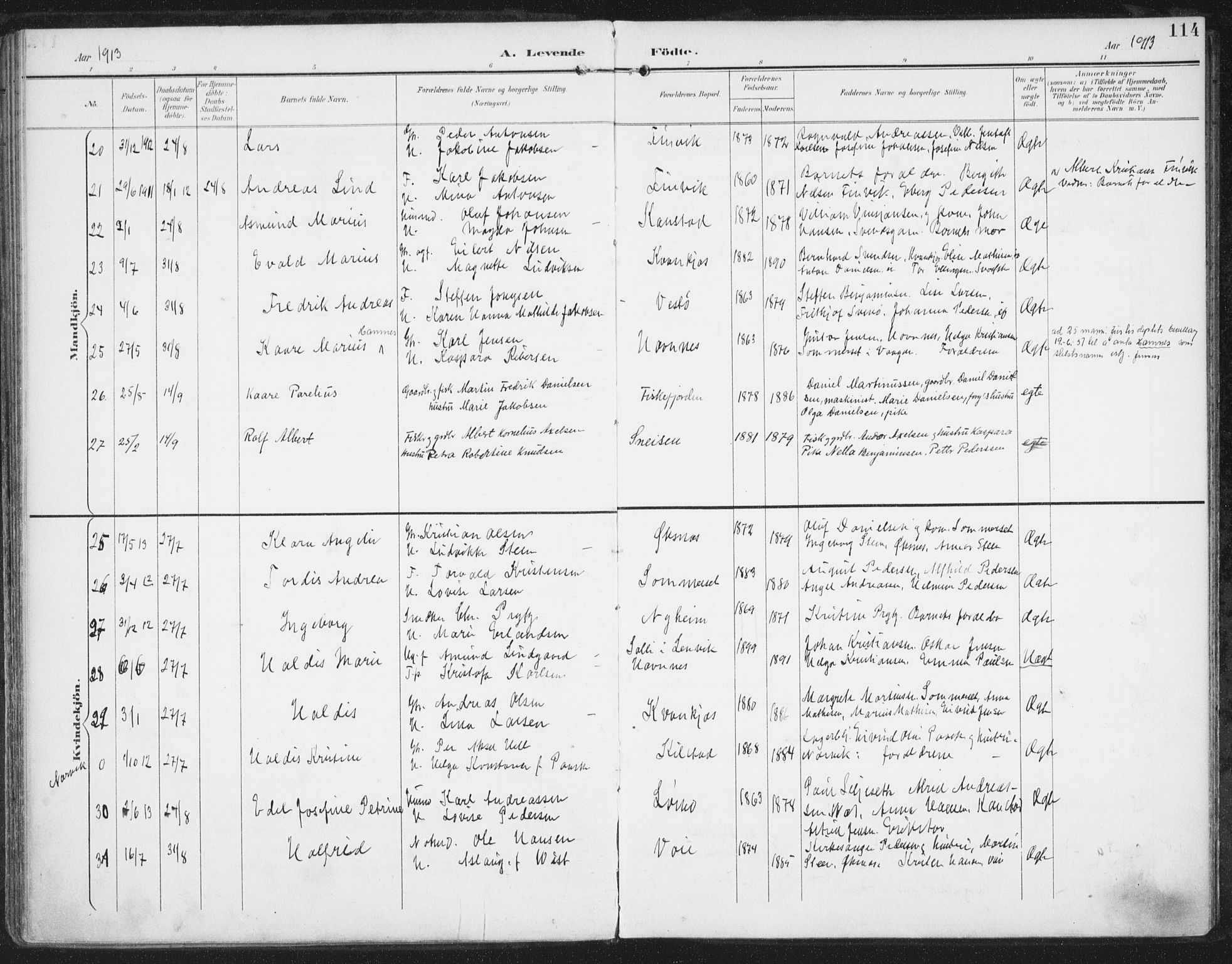 Ministerialprotokoller, klokkerbøker og fødselsregistre - Nordland, AV/SAT-A-1459/872/L1036: Parish register (official) no. 872A11, 1897-1913, p. 114