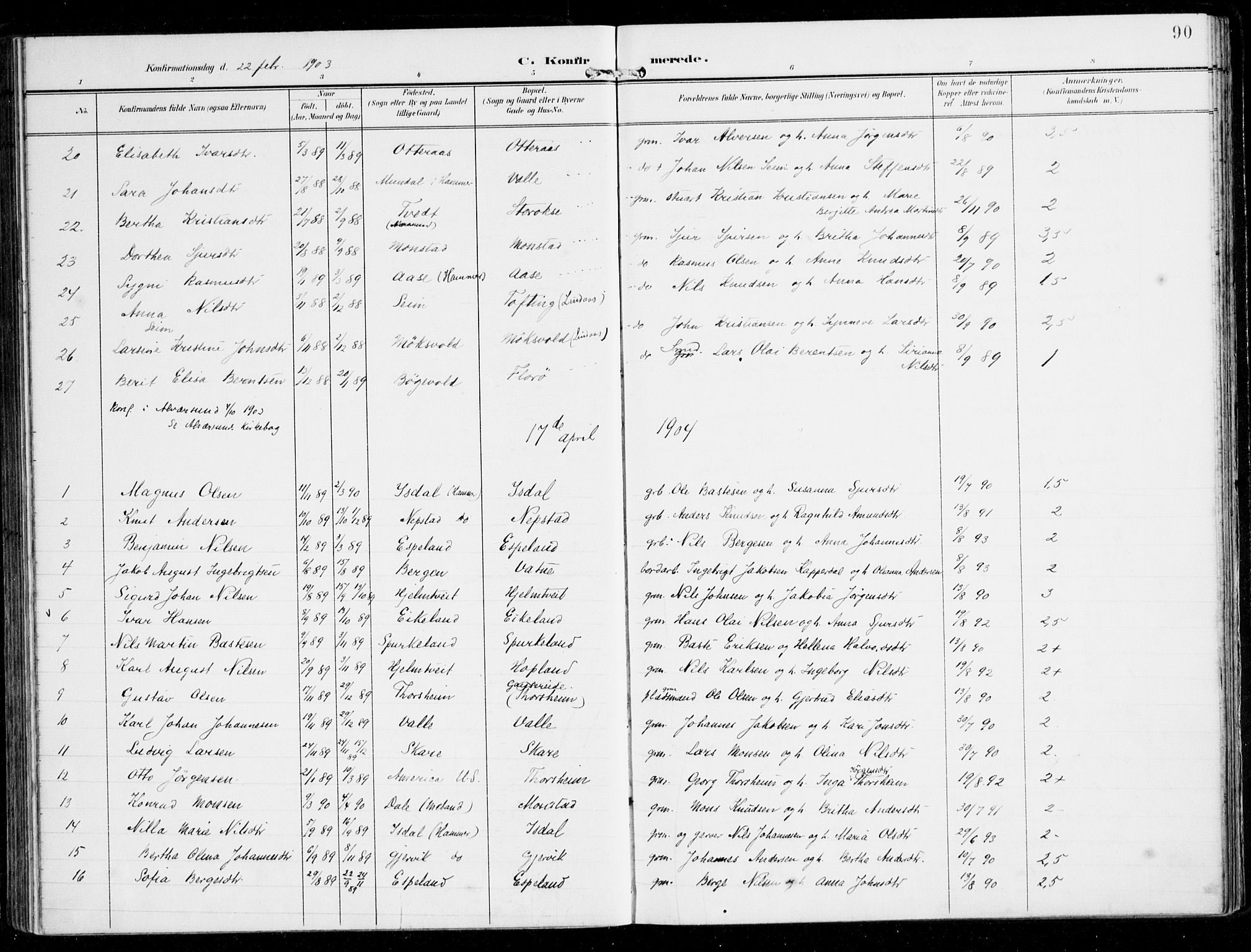 Alversund Sokneprestembete, SAB/A-73901/H/Ha/Haa/Haad/L0004: Parish register (official) no. D 4, 1898-1926, p. 90
