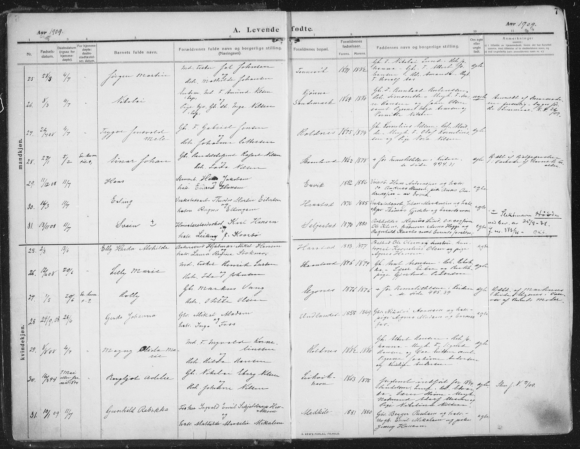 Trondenes sokneprestkontor, SATØ/S-1319/H/Ha/L0018kirke: Parish register (official) no. 18, 1909-1918, p. 7