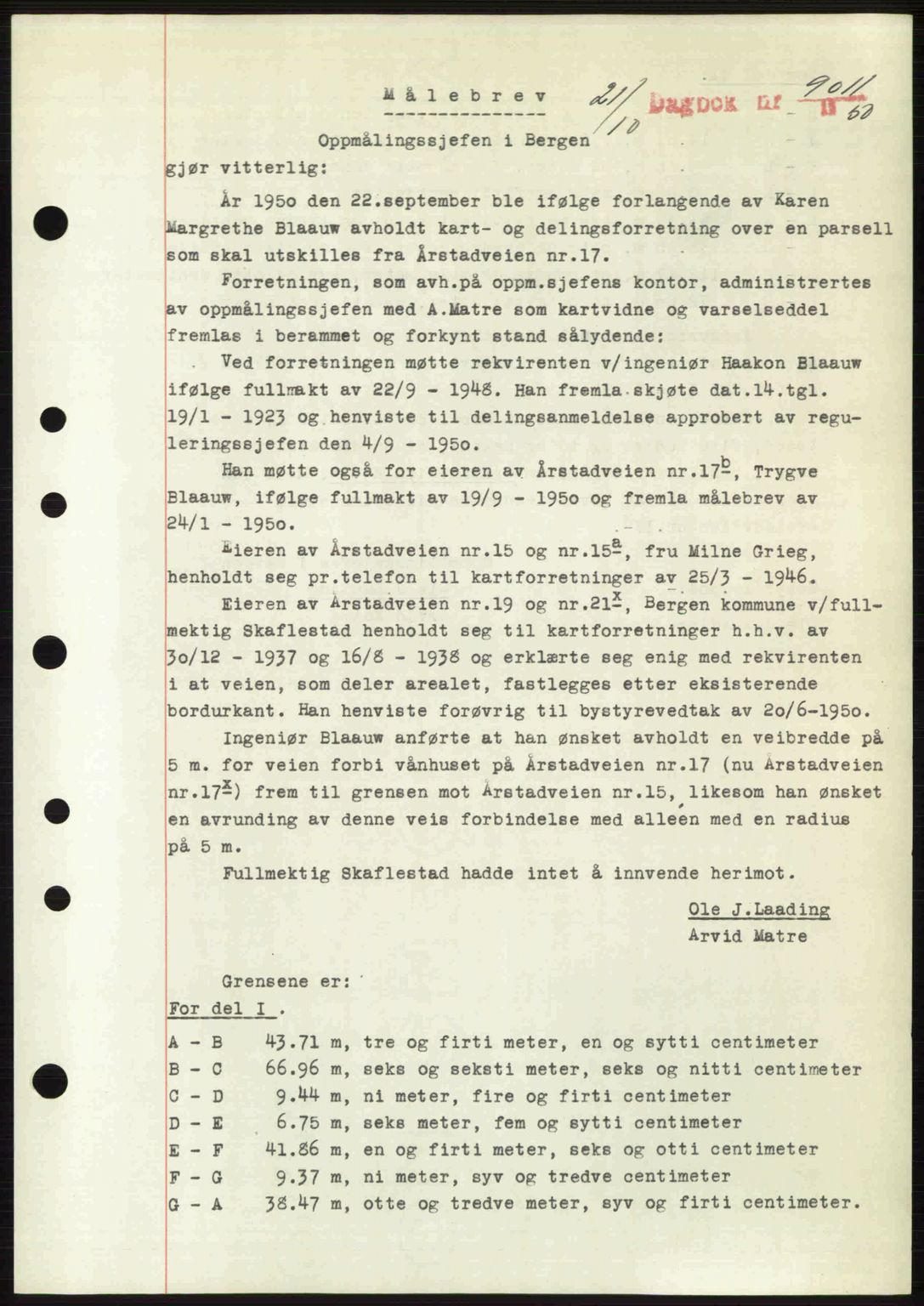 Byfogd og Byskriver i Bergen, SAB/A-3401/03/03Bc/L0034: Mortgage book no. A27-28, 1950-1950, Diary no: : 9011/1950