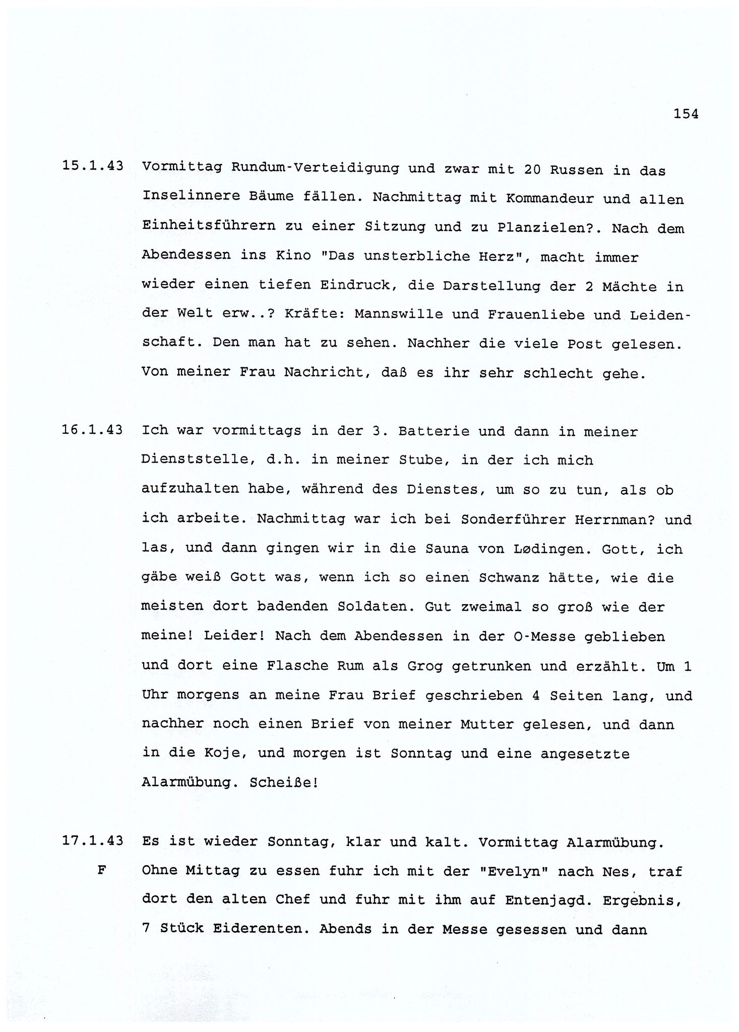 Dagbokopptegnelser av en tysk marineoffiser stasjonert i Norge , FMFB/A-1160/F/L0001: Dagbokopptegnelser av en tysk marineoffiser stasjonert i Norge, 1941-1944, p. 154