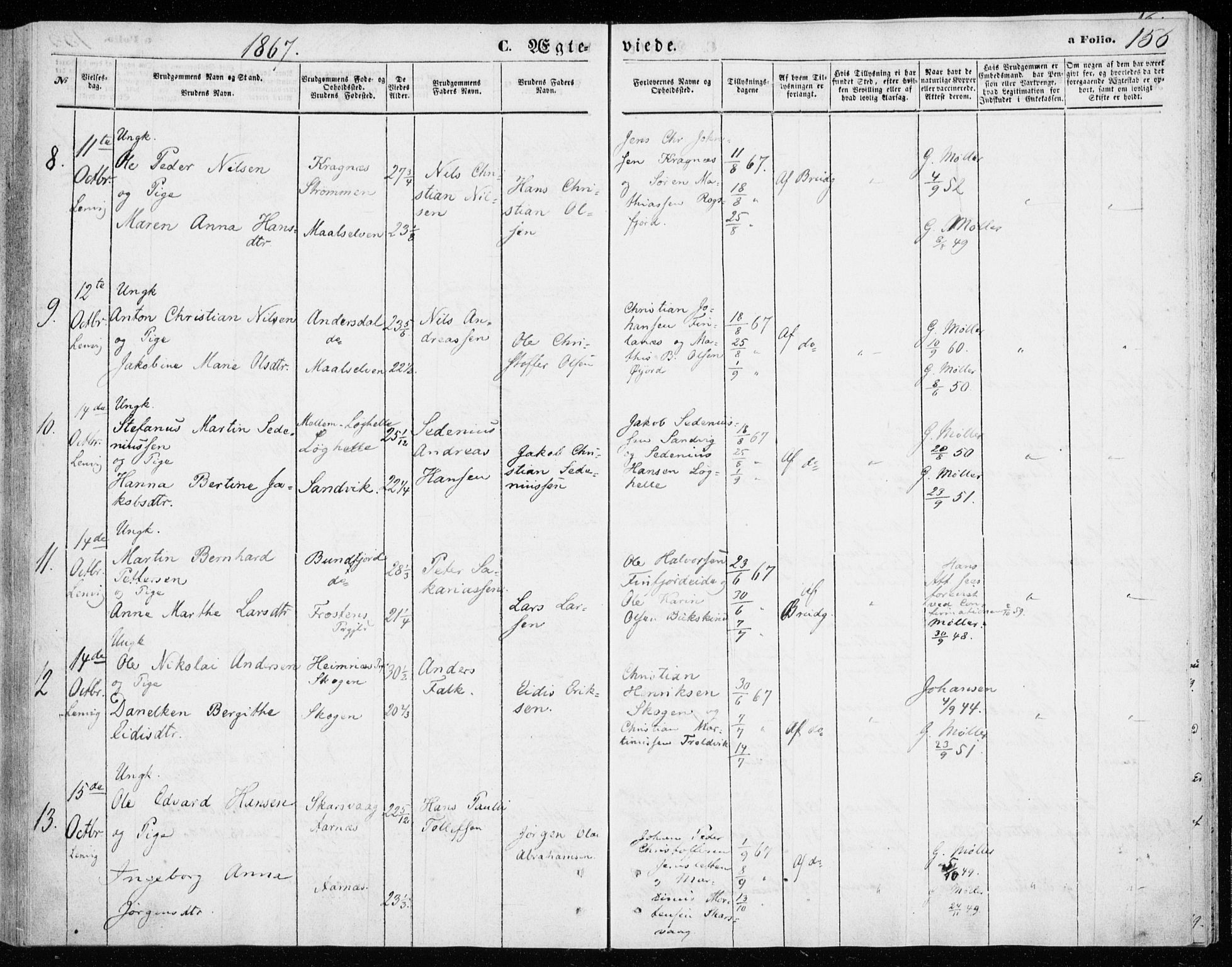 Lenvik sokneprestembete, SATØ/S-1310/H/Ha/Haa/L0009kirke: Parish register (official) no. 9, 1866-1873, p. 156