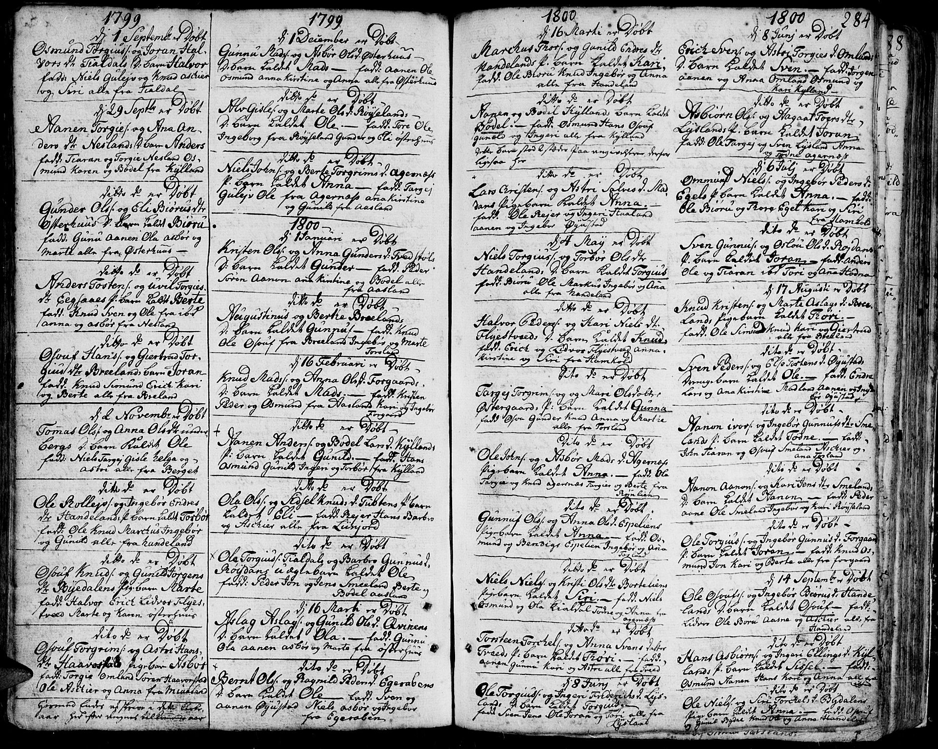 Bjelland sokneprestkontor, SAK/1111-0005/F/Fa/Faa/L0001: Parish register (official) no. A 1 /4, 1793-1815, p. 284
