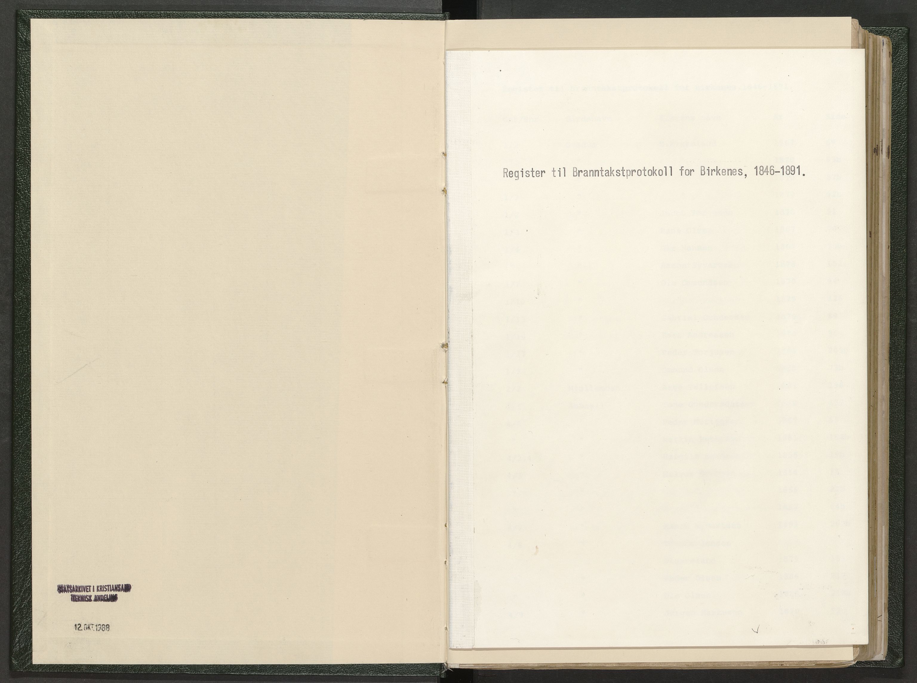 Norges Brannkasse Birkenes, AV/SAK-2241-0005/F/Fa/L0001: Branntakstprotokoll nr. 1 med gårdsnavnregister, 1846-1891