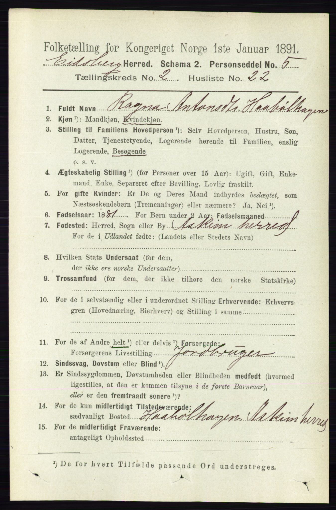 RA, 1891 census for 0125 Eidsberg, 1891, p. 959