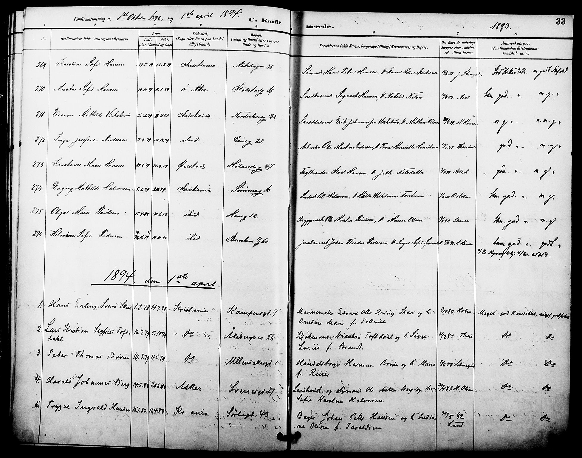 Kampen prestekontor Kirkebøker, SAO/A-10853/F/Fa/L0008: Parish register (official) no. I 8, 1892-1902, p. 33