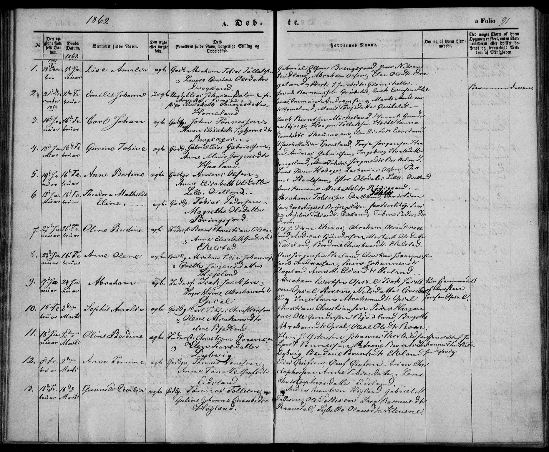 Lyngdal sokneprestkontor, AV/SAK-1111-0029/F/Fa/Fac/L0009: Parish register (official) no. A 9, 1852-1864, p. 91