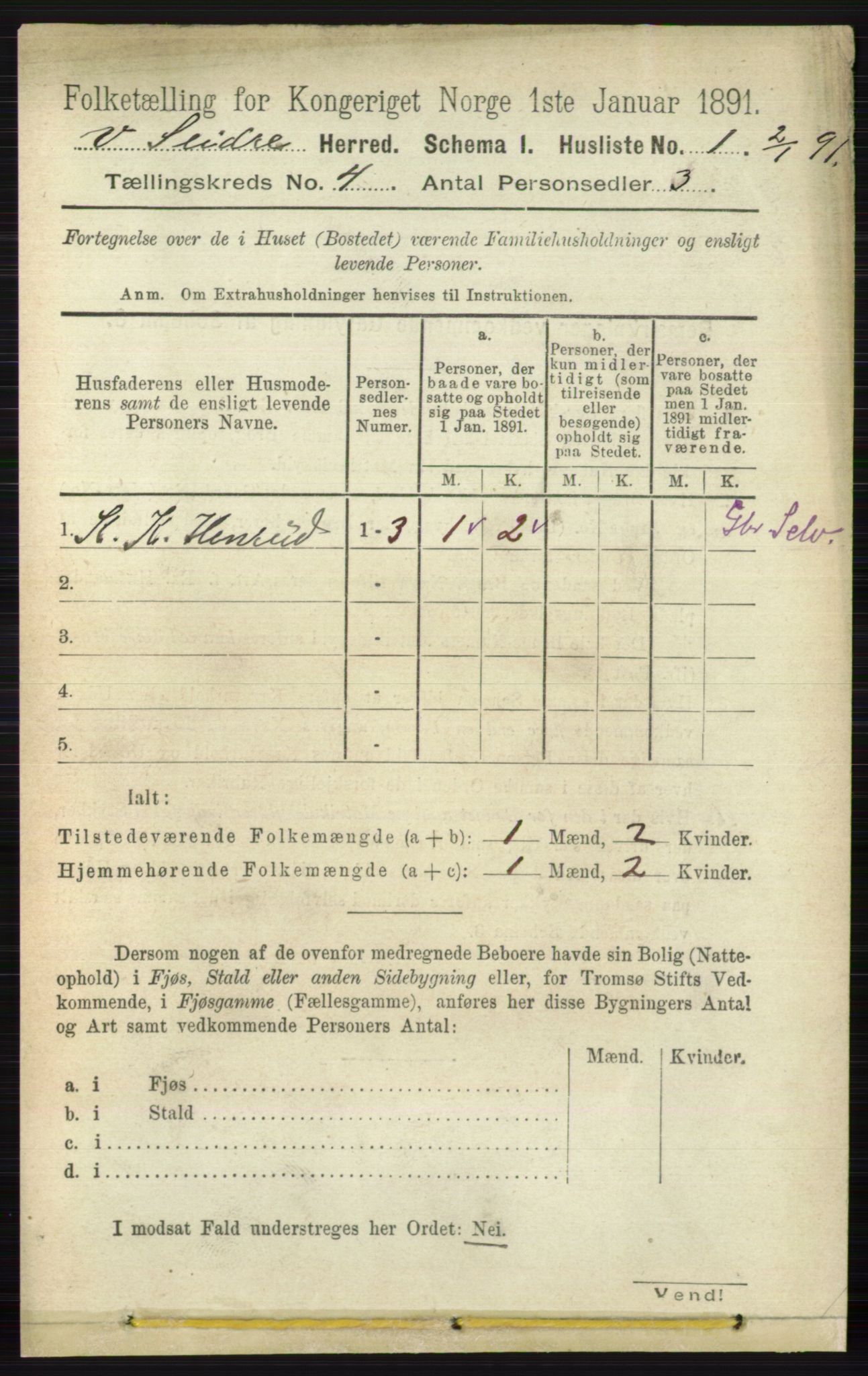 RA, 1891 census for 0543 Vestre Slidre, 1891, p. 1178