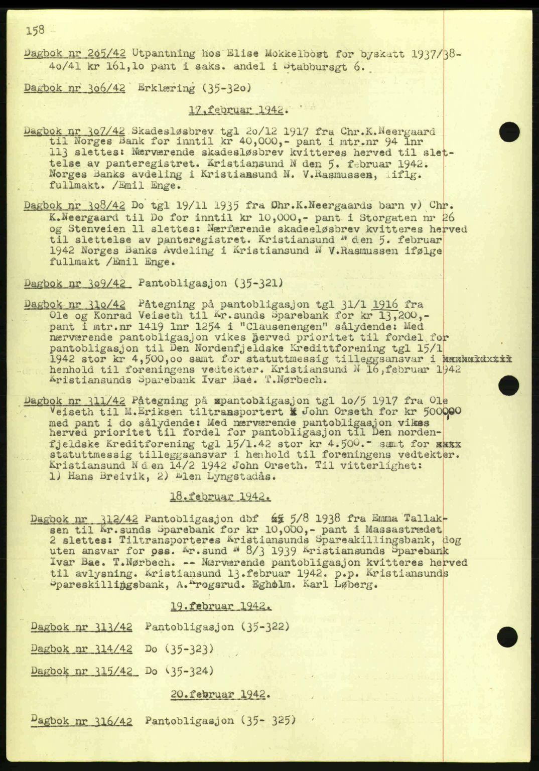 Kristiansund byfogd, SAT/A-4587/A/27: Mortgage book no. 32a, 1938-1946, Diary no: : 308/1942