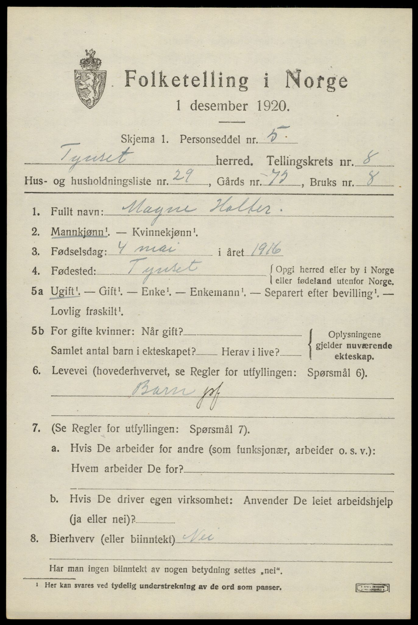 SAH, 1920 census for Tynset, 1920, p. 6912