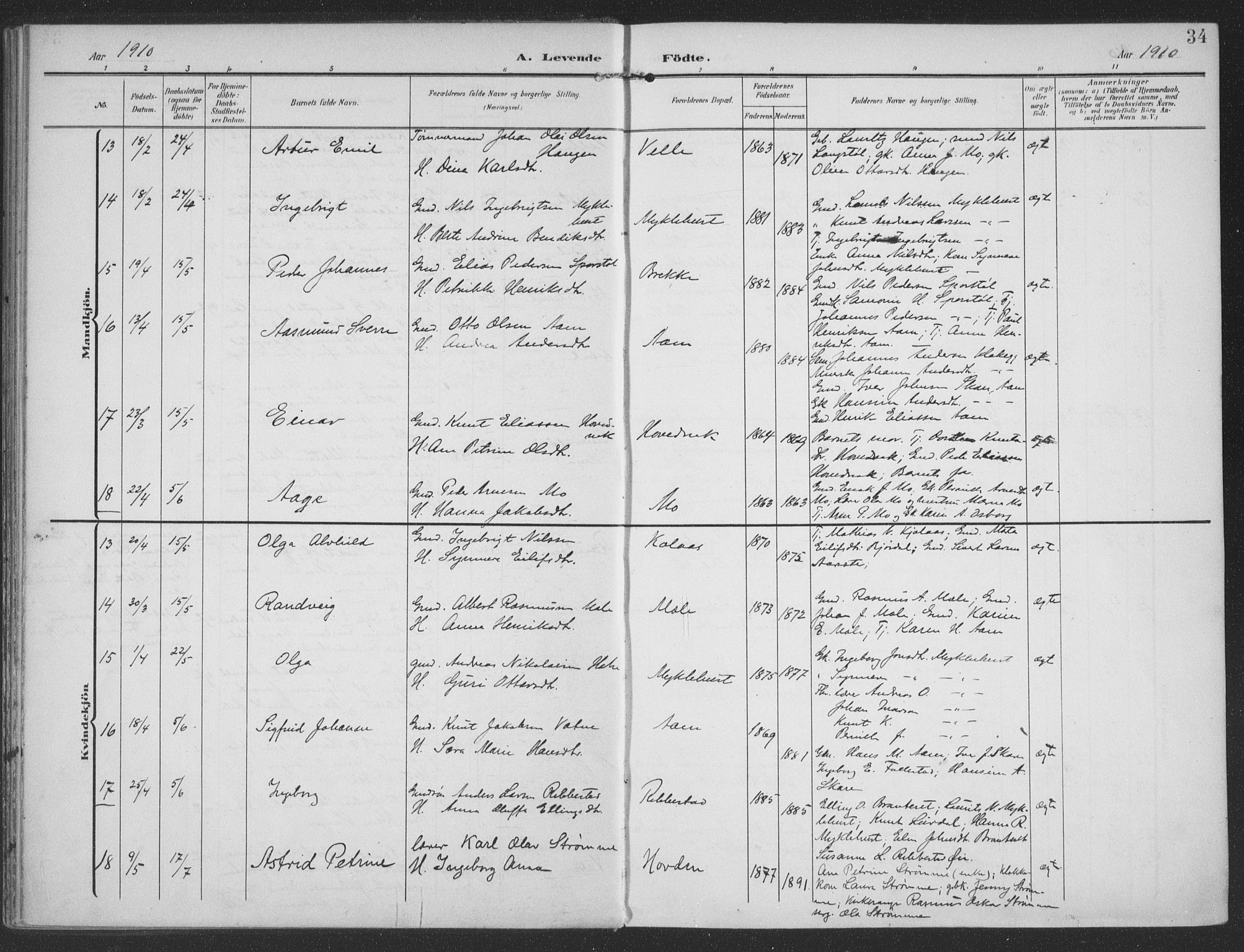 Ministerialprotokoller, klokkerbøker og fødselsregistre - Møre og Romsdal, AV/SAT-A-1454/513/L0178: Parish register (official) no. 513A05, 1906-1919, p. 34