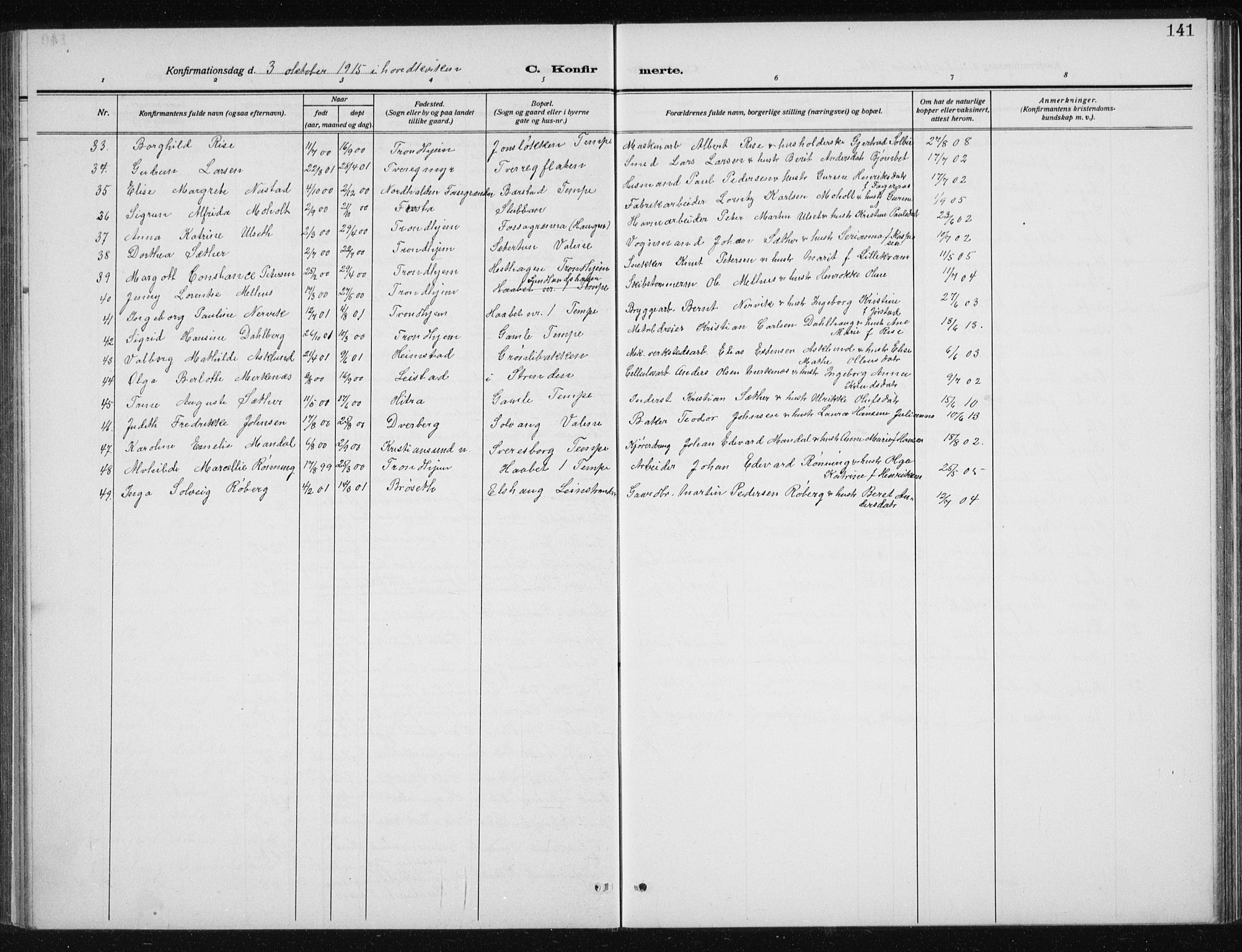 Ministerialprotokoller, klokkerbøker og fødselsregistre - Sør-Trøndelag, SAT/A-1456/606/L0314: Parish register (copy) no. 606C10, 1911-1937, p. 141