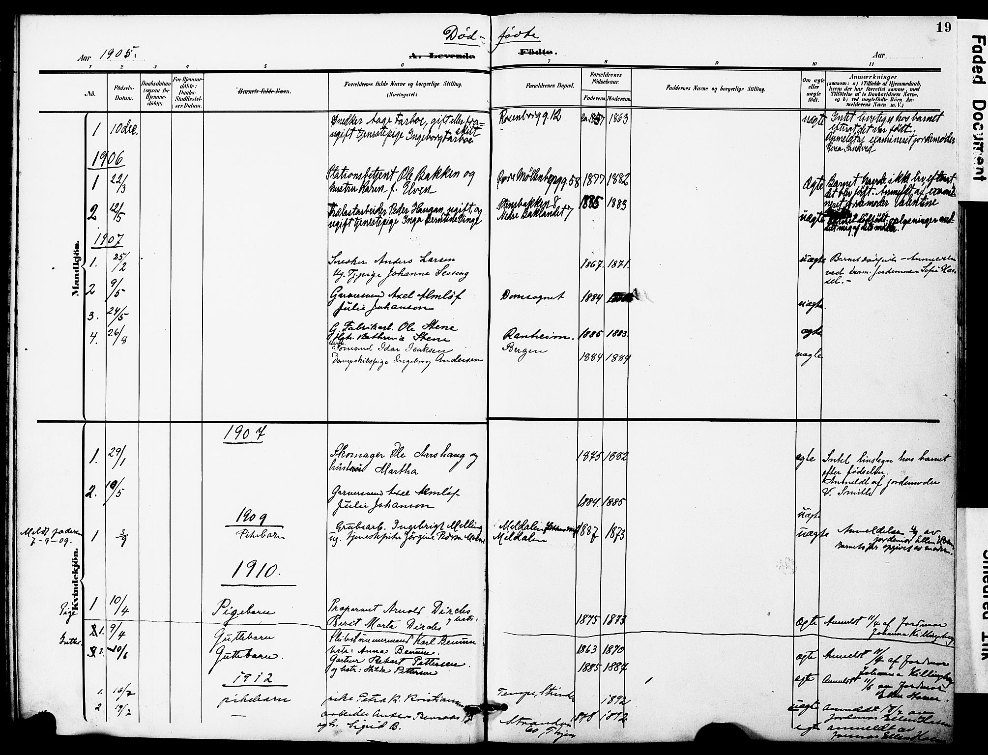 Ministerialprotokoller, klokkerbøker og fødselsregistre - Sør-Trøndelag, AV/SAT-A-1456/628/L0483: Parish register (official) no. 628A01, 1902-1920, p. 19
