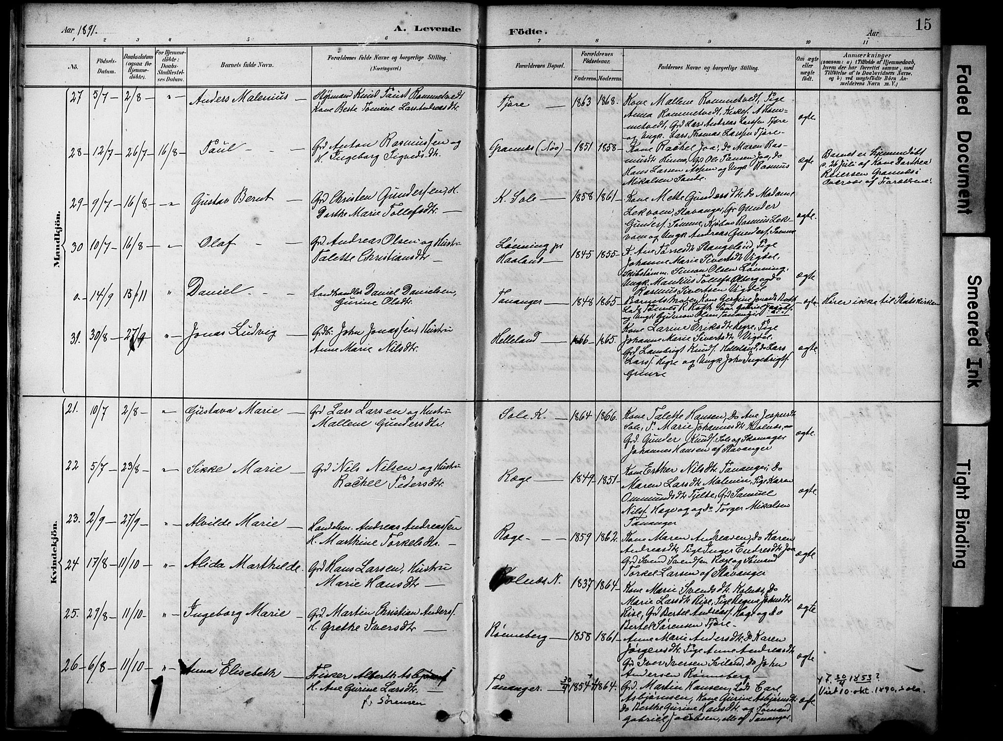 Håland sokneprestkontor, AV/SAST-A-101802/001/30BA/L0012: Parish register (official) no. A 11, 1889-1900, p. 15