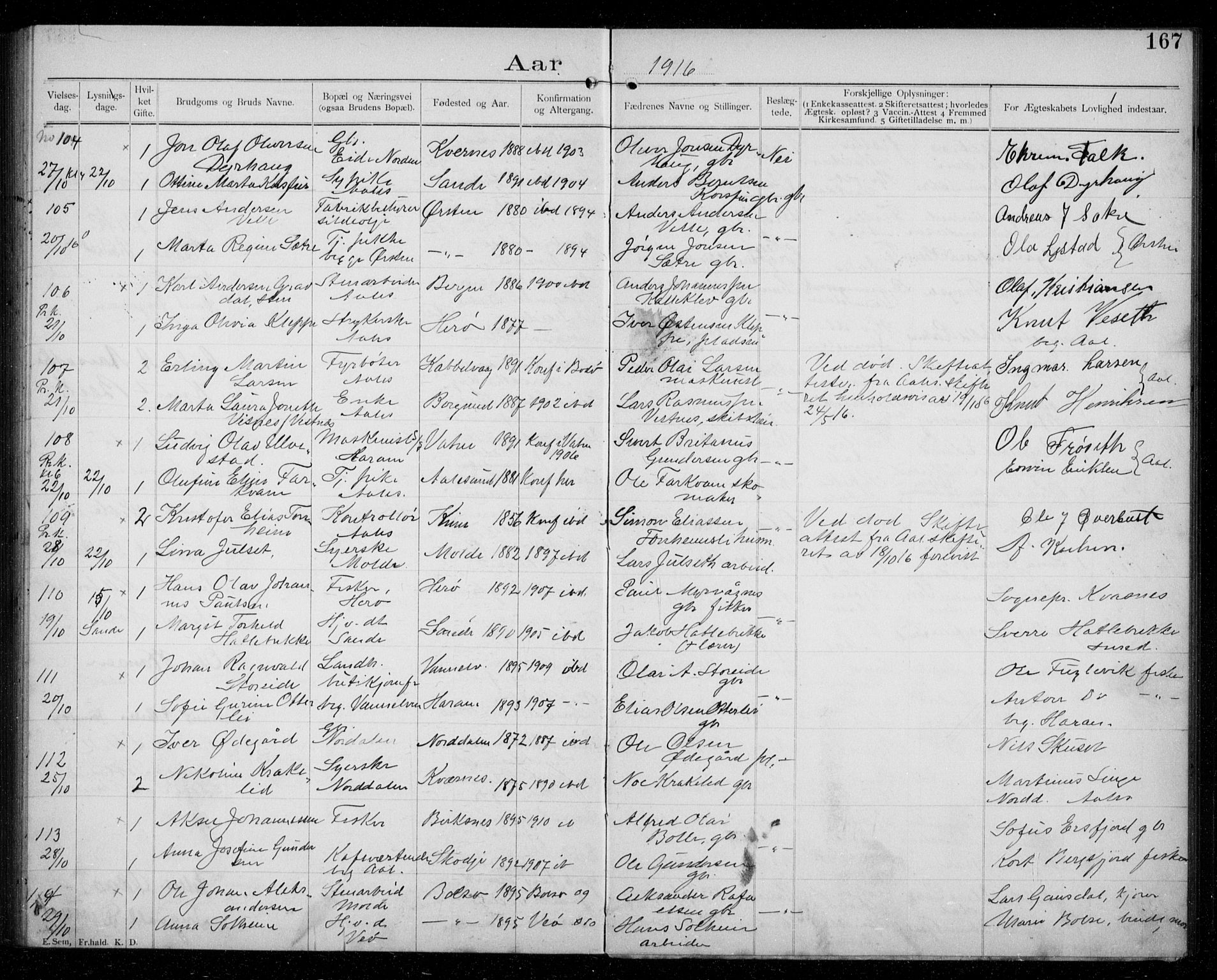 Ministerialprotokoller, klokkerbøker og fødselsregistre - Møre og Romsdal, AV/SAT-A-1454/529/L0458: Banns register no. 529A08, 1901-1918, p. 167