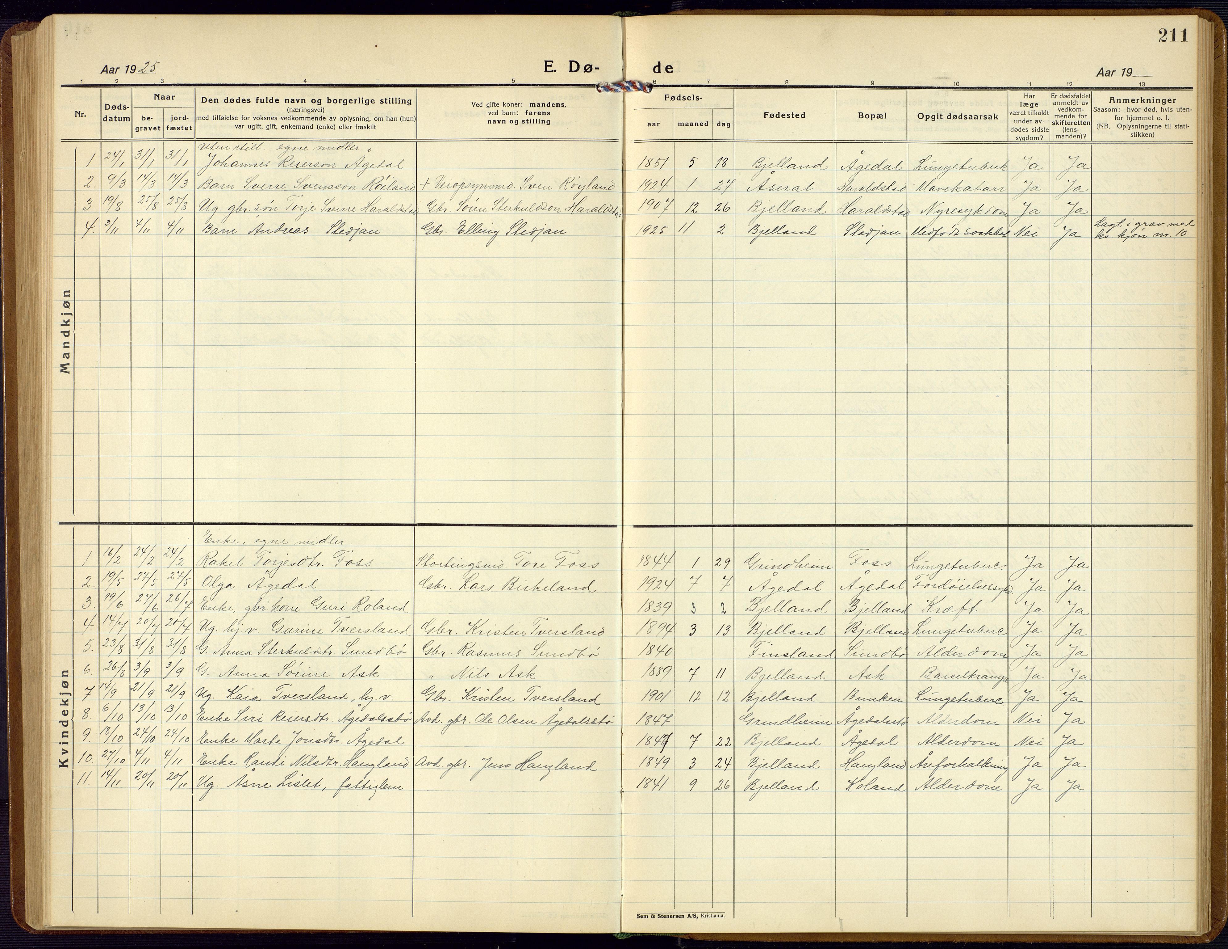 Bjelland sokneprestkontor, SAK/1111-0005/F/Fb/Fba/L0006: Parish register (copy) no. B 6, 1923-1956, p. 211