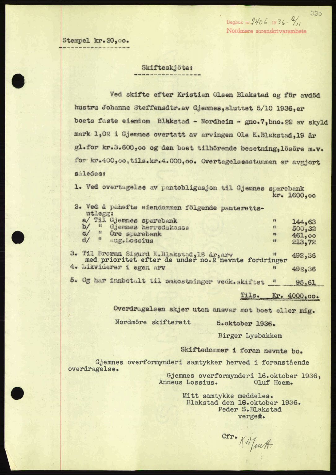 Nordmøre sorenskriveri, AV/SAT-A-4132/1/2/2Ca: Mortgage book no. A80, 1936-1937, Diary no: : 2406/1936