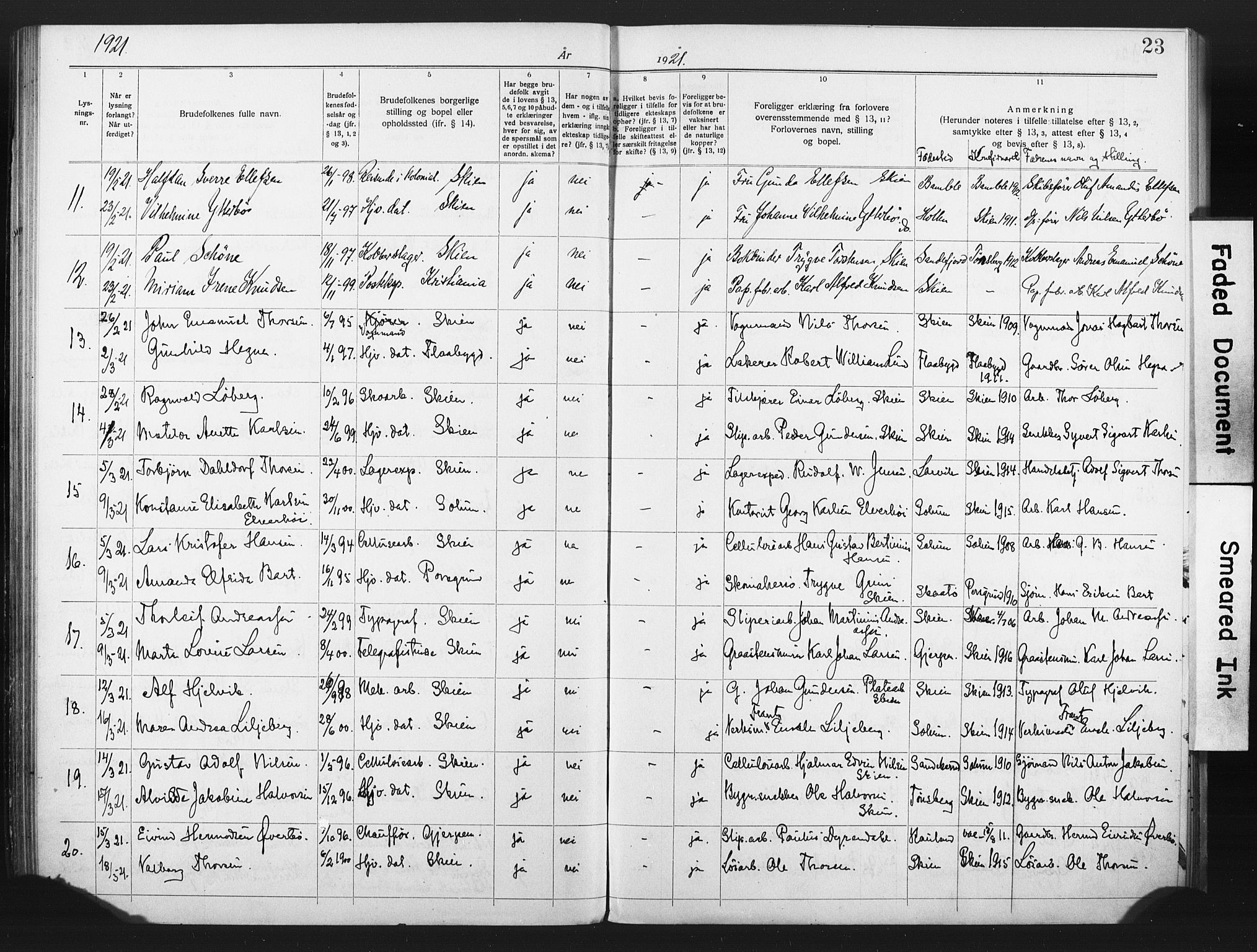 Skien kirkebøker, SAKO/A-302/H/Ha/L0001: Banns register no. 1, 1919-1929, p. 23