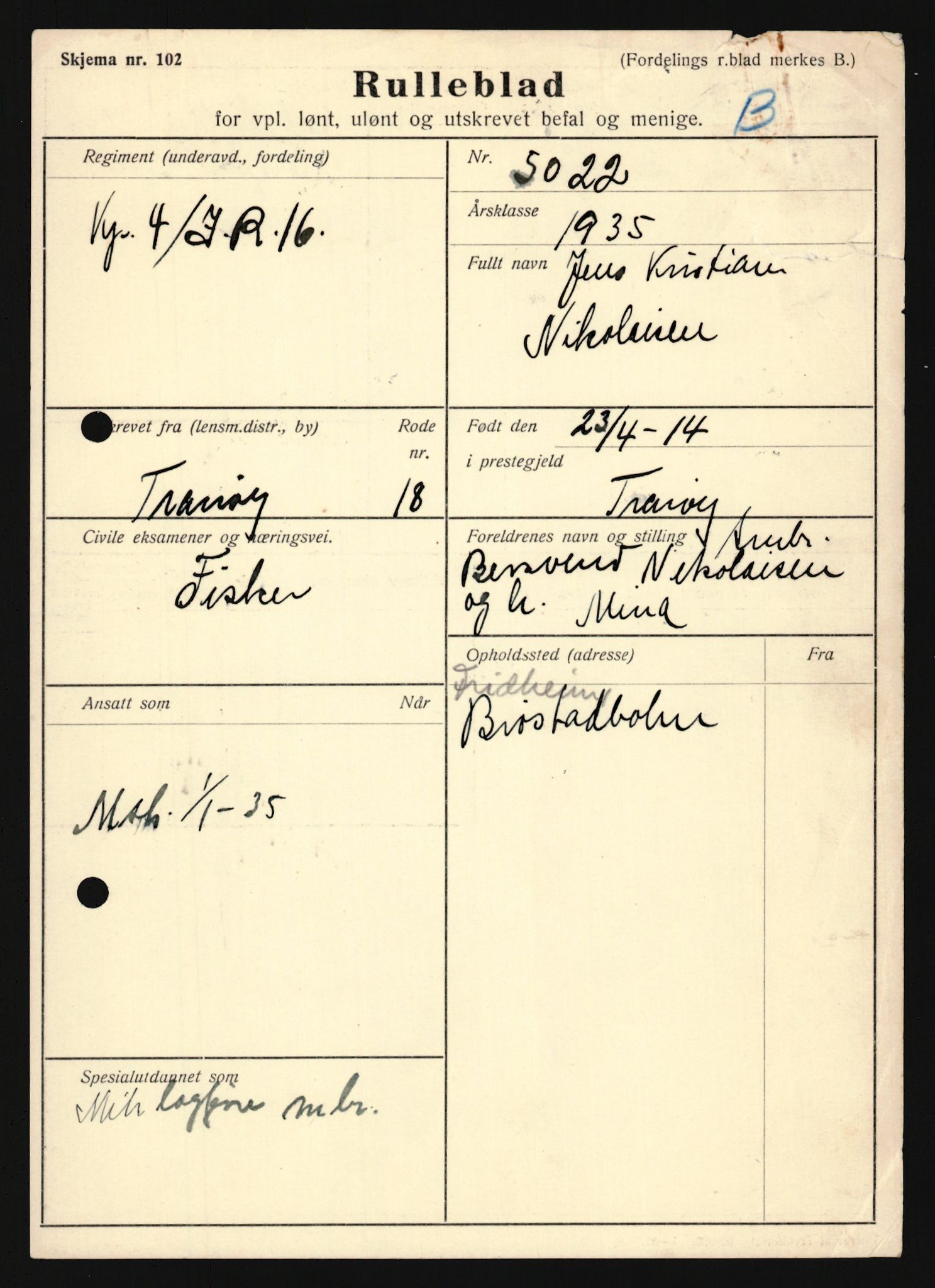 Forsvaret, Troms infanteriregiment nr. 16, AV/RA-RAFA-3146/P/Pa/L0019: Rulleblad for regimentets menige mannskaper, årsklasse 1935, 1935, p. 815