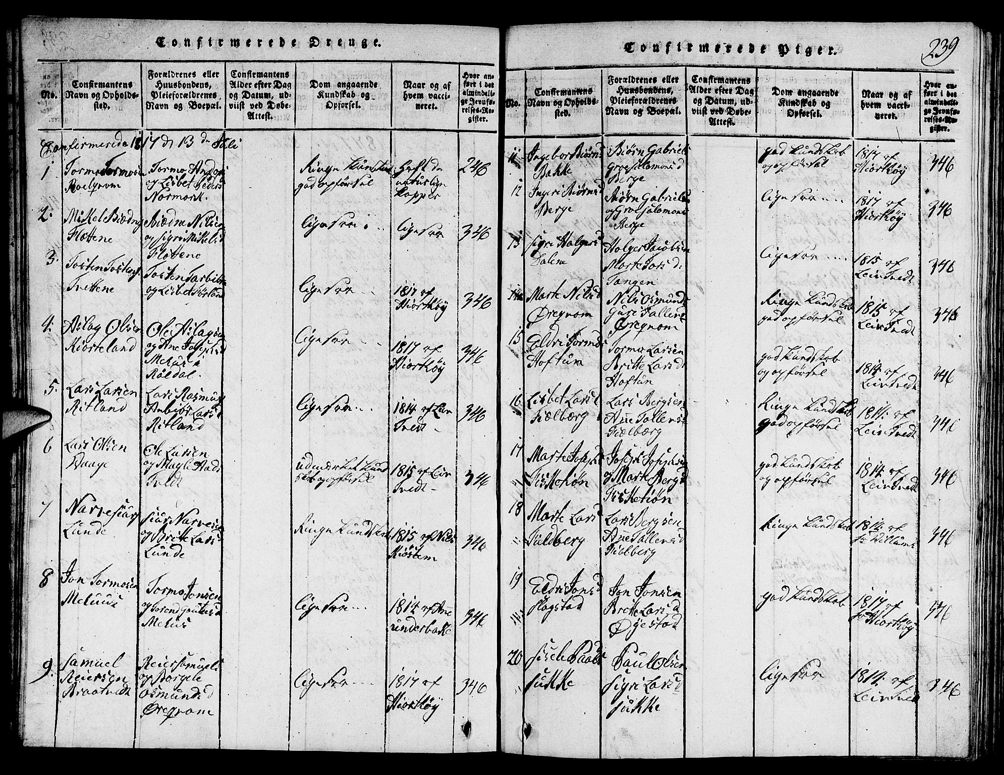 Suldal sokneprestkontor, AV/SAST-A-101845/01/V/L0001: Parish register (copy) no. B 1, 1816-1836, p. 239