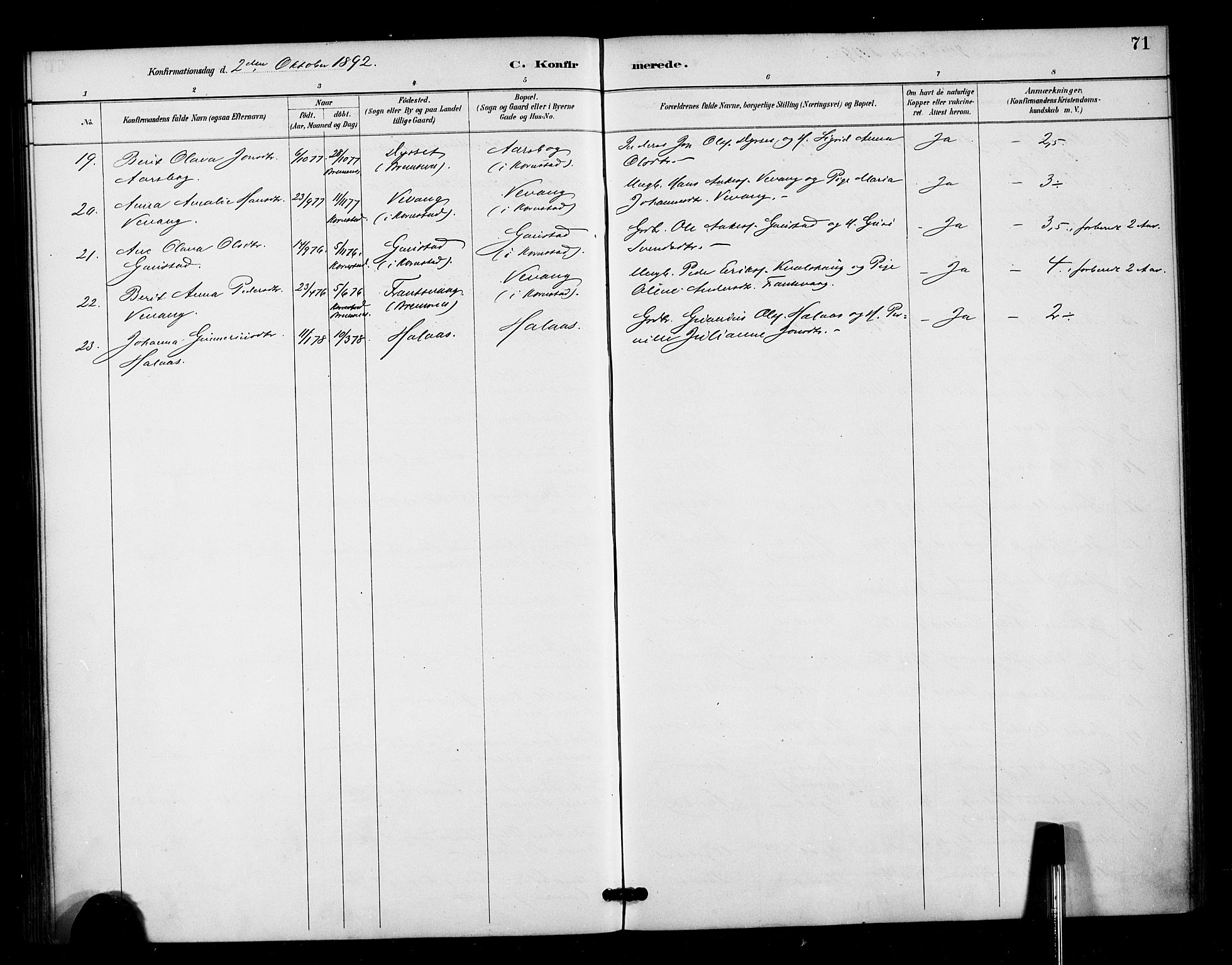 Ministerialprotokoller, klokkerbøker og fødselsregistre - Møre og Romsdal, AV/SAT-A-1454/571/L0836: Parish register (official) no. 571A01, 1884-1899, p. 71