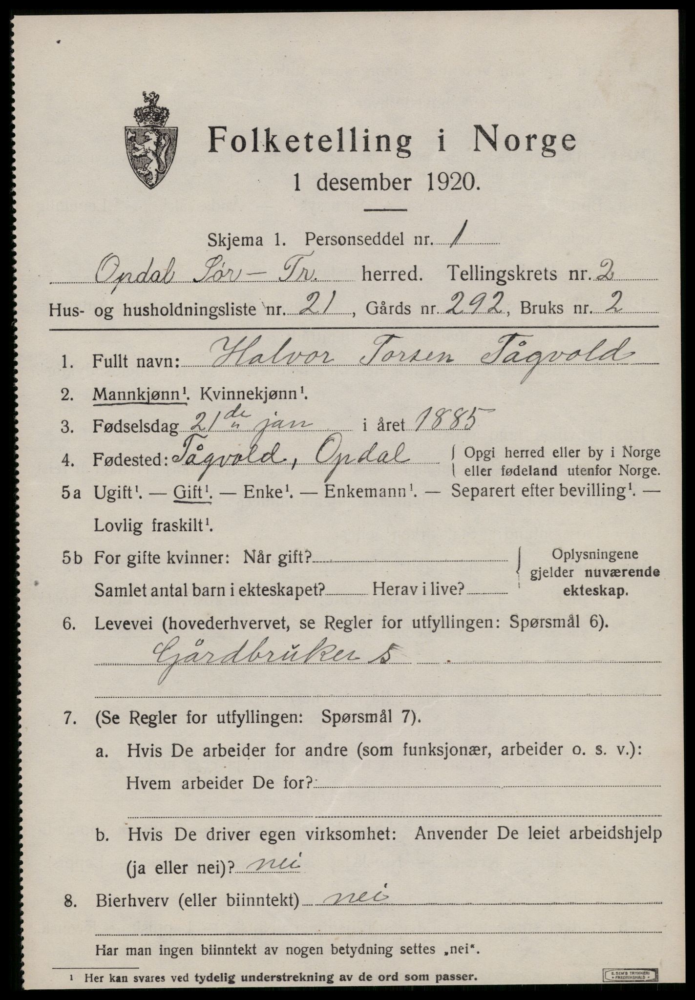 SAT, 1920 census for Oppdal, 1920, p. 2647