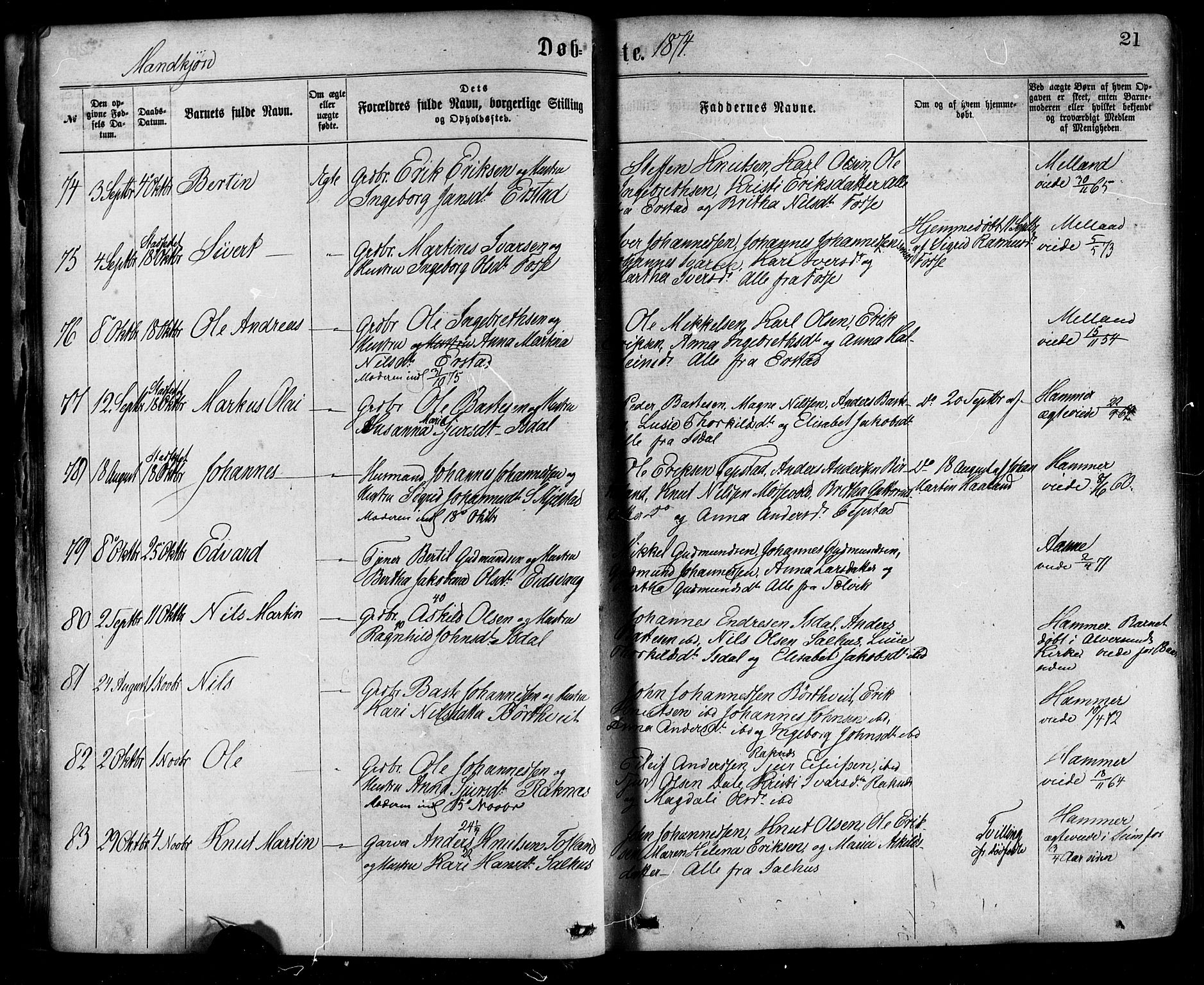 Hamre sokneprestembete, AV/SAB-A-75501/H/Ha/Haa/Haaa/L0015: Parish register (official) no. A 15, 1870-1881, p. 21