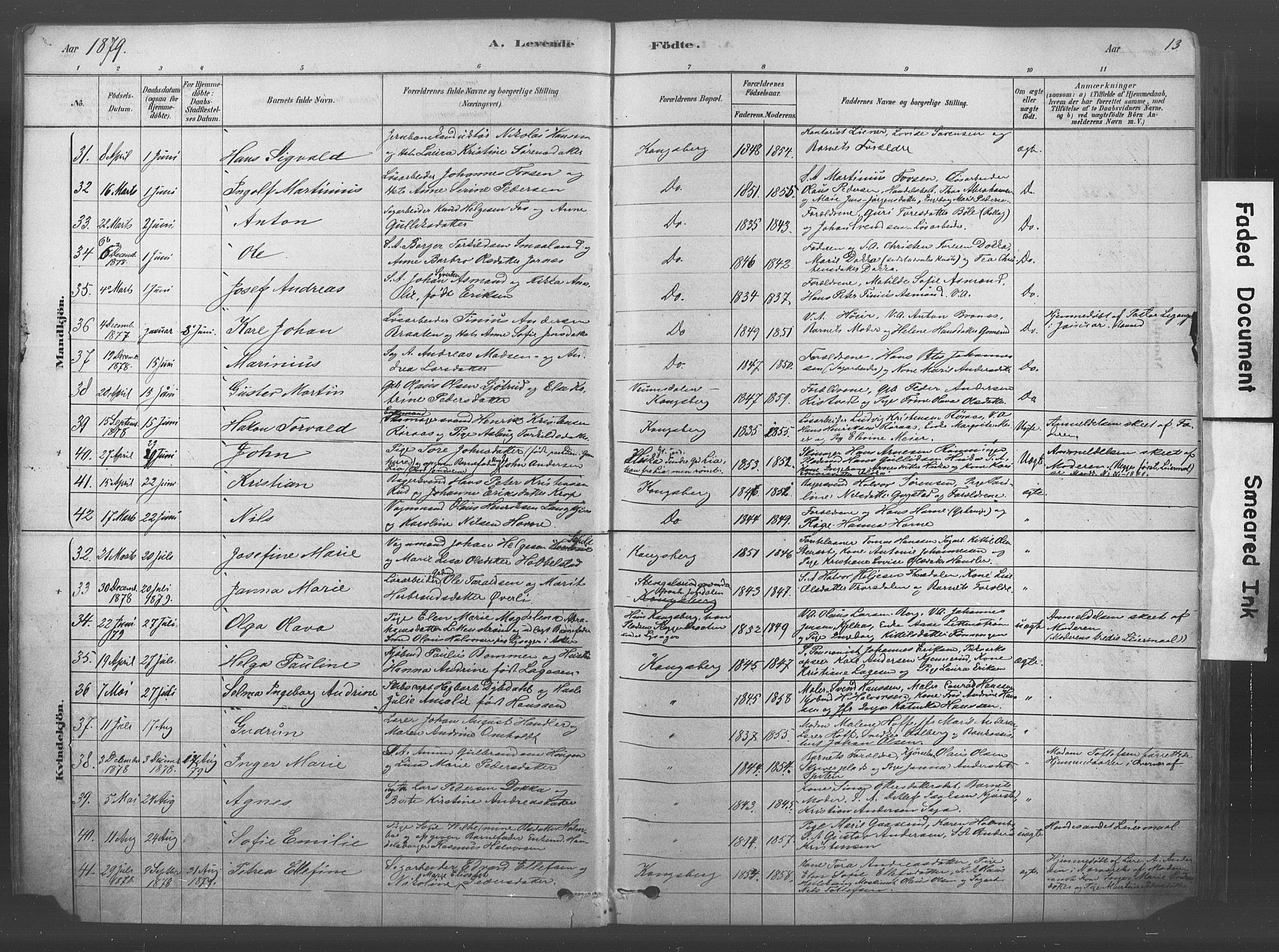 Kongsberg kirkebøker, AV/SAKO-A-22/F/Fb/L0001: Parish register (official) no. II 1, 1878-1886, p. 13