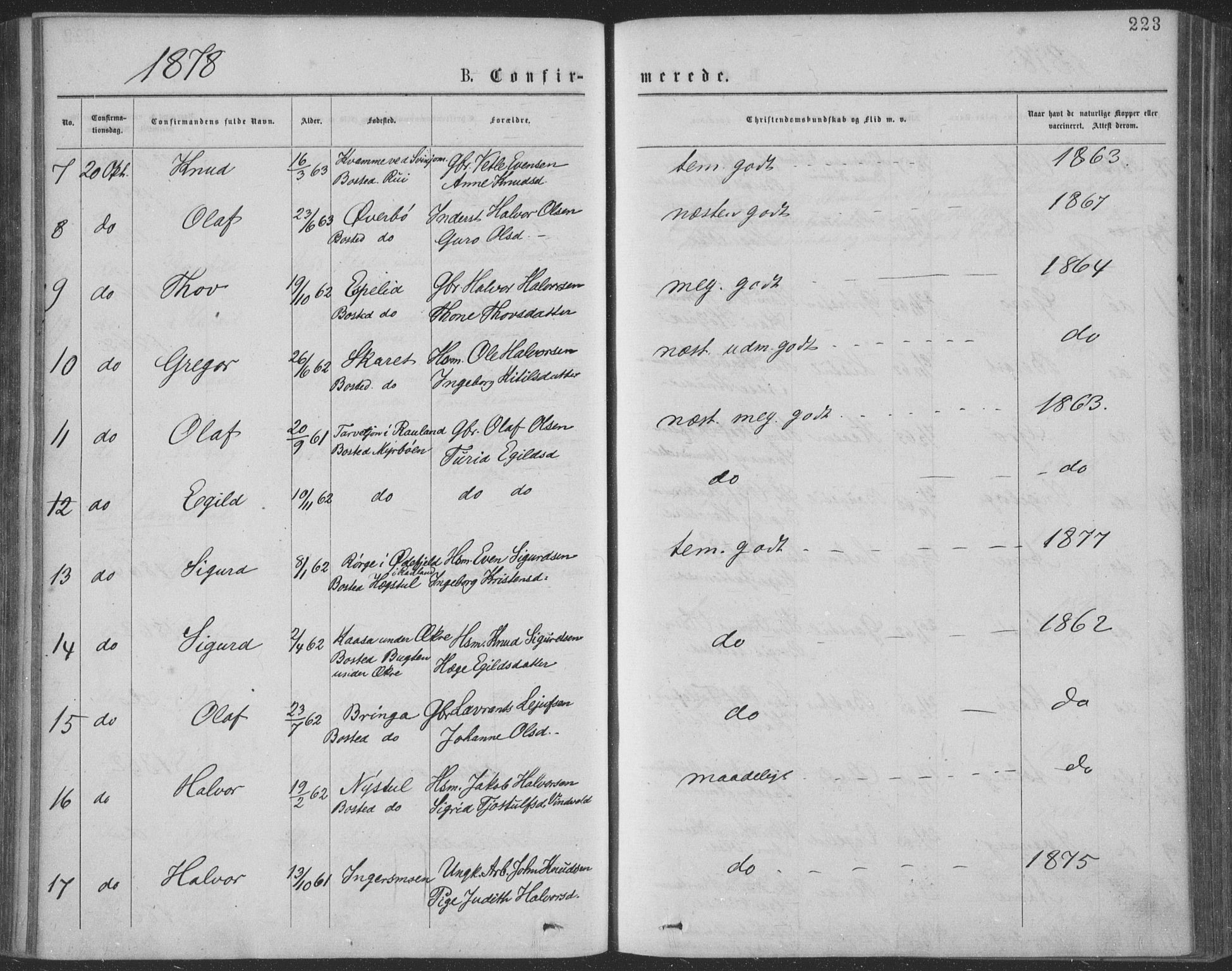 Seljord kirkebøker, SAKO/A-20/F/Fa/L0014: Parish register (official) no. I 14, 1877-1886, p. 223
