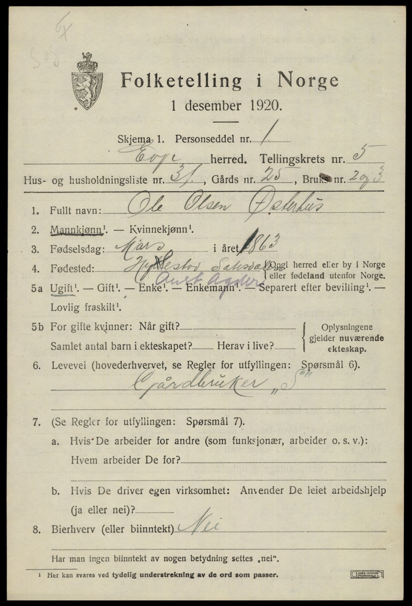 SAK, 1920 census for Evje, 1920, p. 1940