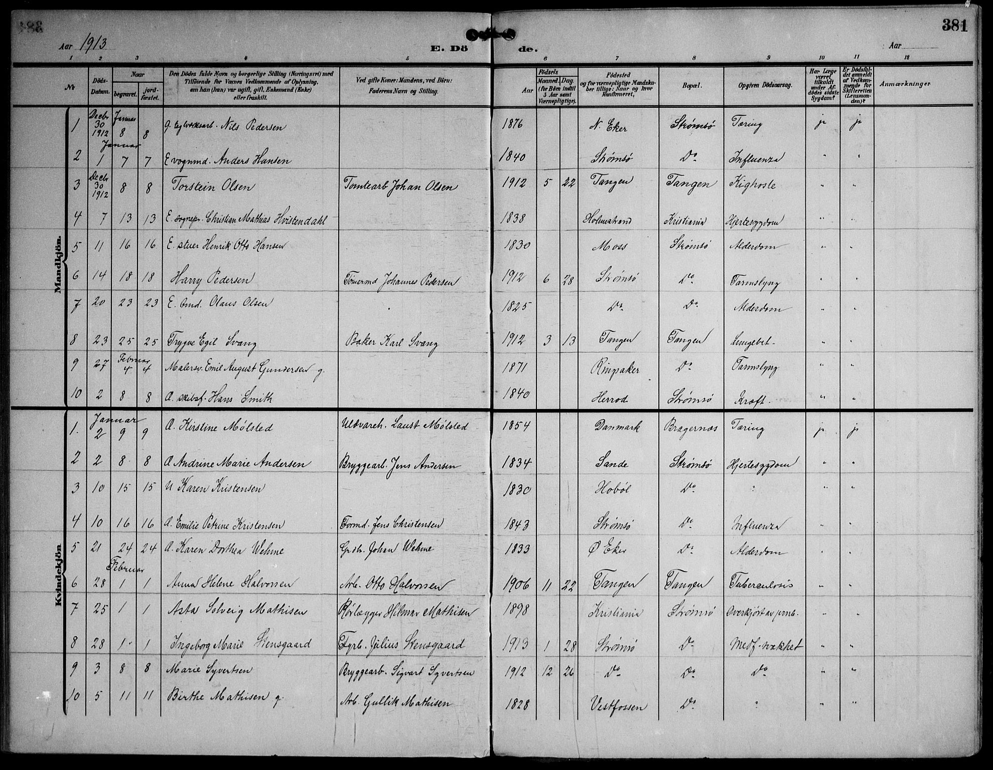 Strømsø kirkebøker, AV/SAKO-A-246/F/Fa/L0026: Parish register (official) no. I 26, 1905-1914, p. 381