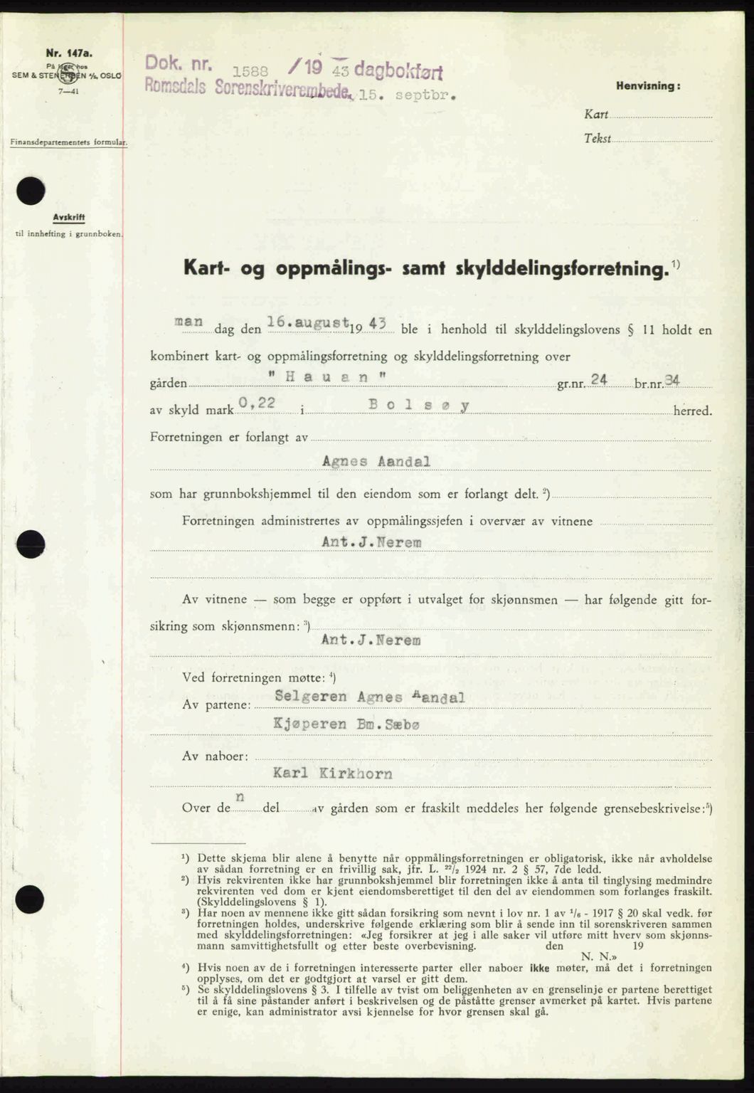 Romsdal sorenskriveri, AV/SAT-A-4149/1/2/2C: Mortgage book no. A14, 1943-1943, Diary no: : 1588/1943