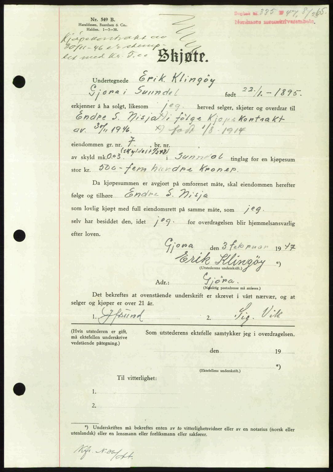 Nordmøre sorenskriveri, AV/SAT-A-4132/1/2/2Ca: Mortgage book no. A104, 1947-1947, Diary no: : 335/1947