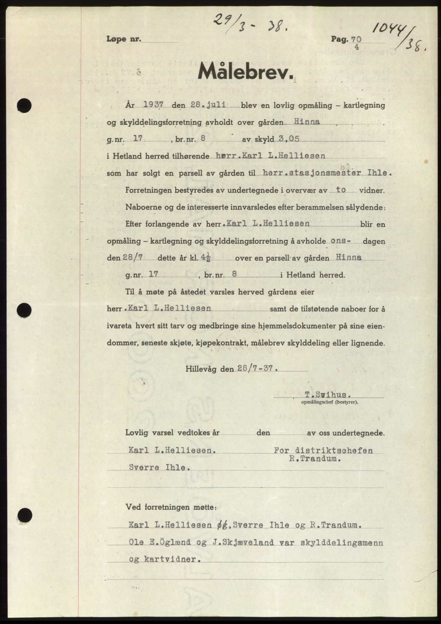 Jæren sorenskriveri, SAST/A-100310/03/G/Gba/L0070: Mortgage book, 1938-1938, Diary no: : 1044/1938