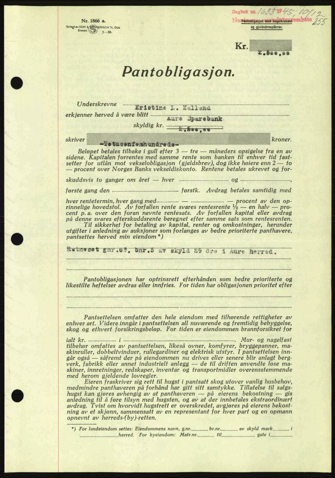 Nordmøre sorenskriveri, AV/SAT-A-4132/1/2/2Ca: Mortgage book no. B93a, 1945-1945, Diary no: : 1633/1945