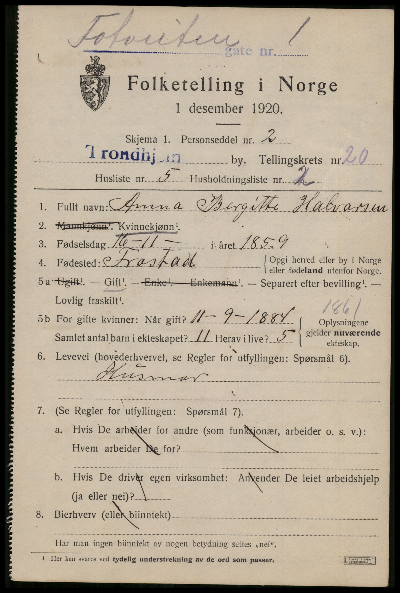 SAT, 1920 census for Trondheim, 1920, p. 59672