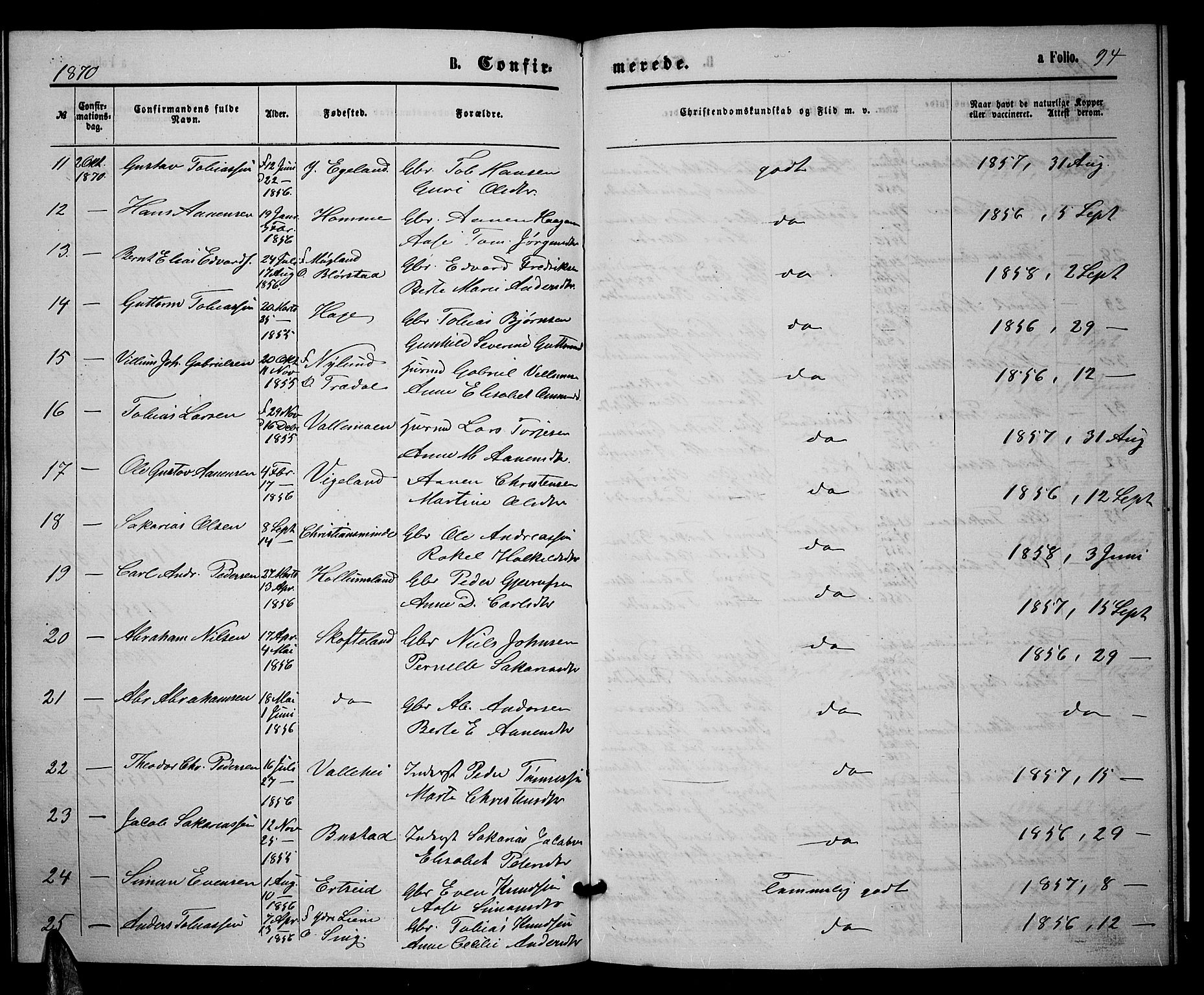 Sør-Audnedal sokneprestkontor, SAK/1111-0039/F/Fb/Fbb/L0004: Parish register (copy) no. B 4, 1868-1879, p. 94