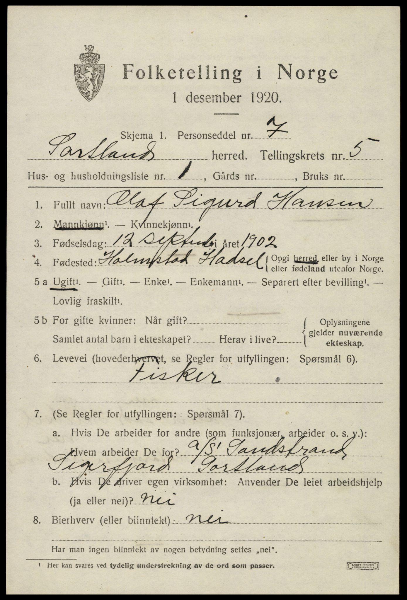 SAT, 1920 census for Sortland, 1920, p. 5484