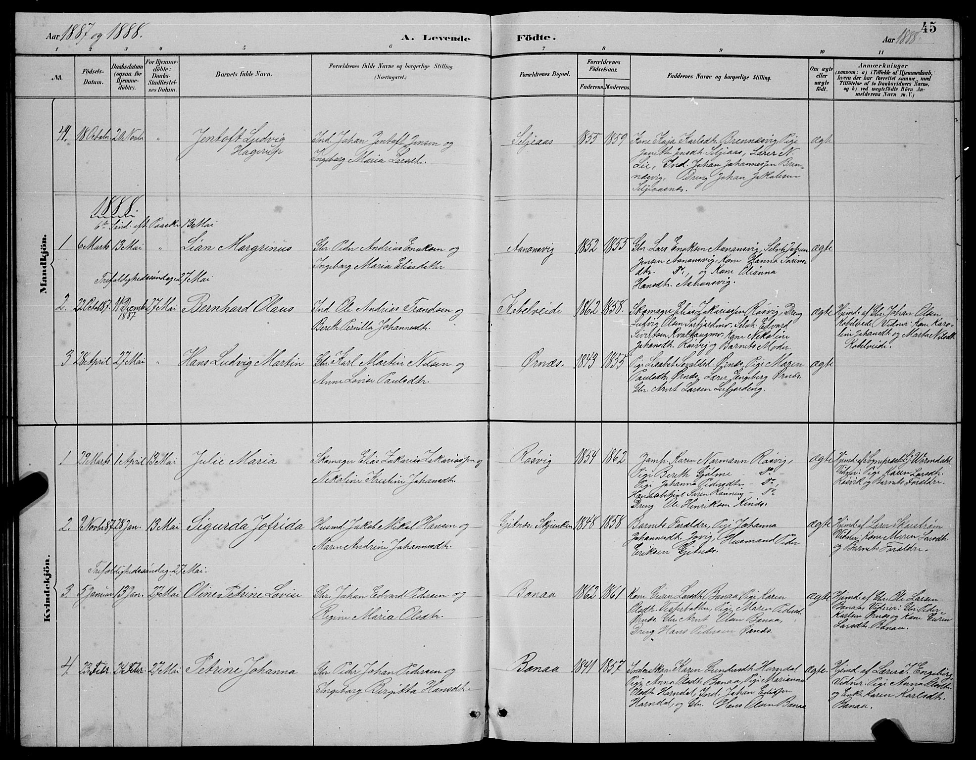 Ministerialprotokoller, klokkerbøker og fødselsregistre - Nordland, AV/SAT-A-1459/854/L0785: Parish register (copy) no. 854C01, 1883-1891, p. 45