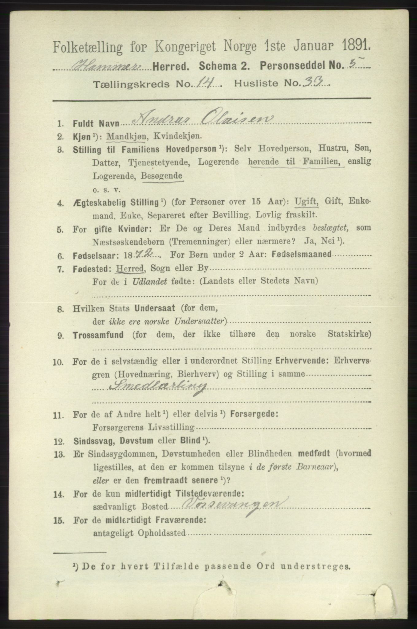RA, 1891 census for 1254 Hamre, 1891, p. 4637