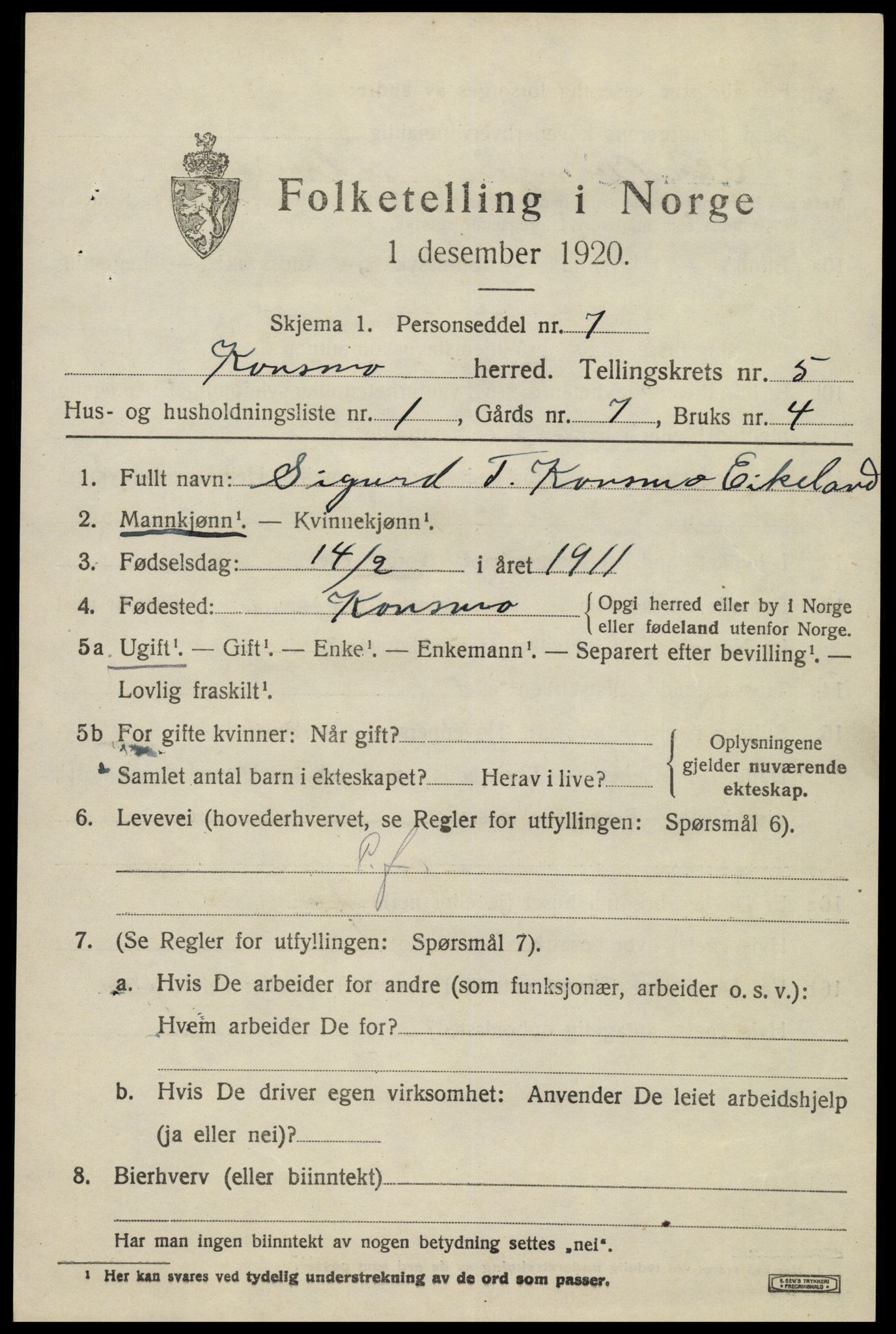 SAK, 1920 census for Konsmo, 1920, p. 1276