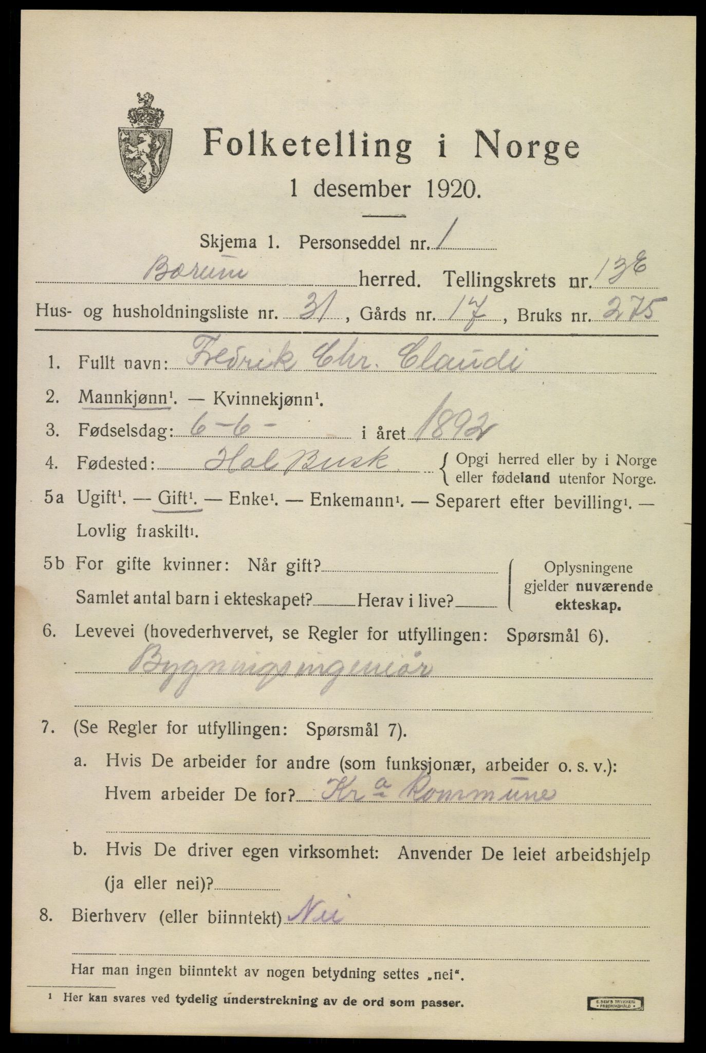 SAO, 1920 census for Bærum, 1920, p. 38206