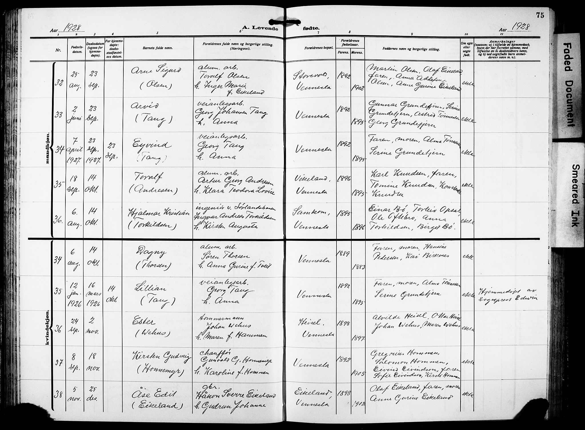 Vennesla sokneprestkontor, AV/SAK-1111-0045/Fb/Fbb/L0007: Parish register (copy) no. B 7, 1922-1933, p. 75