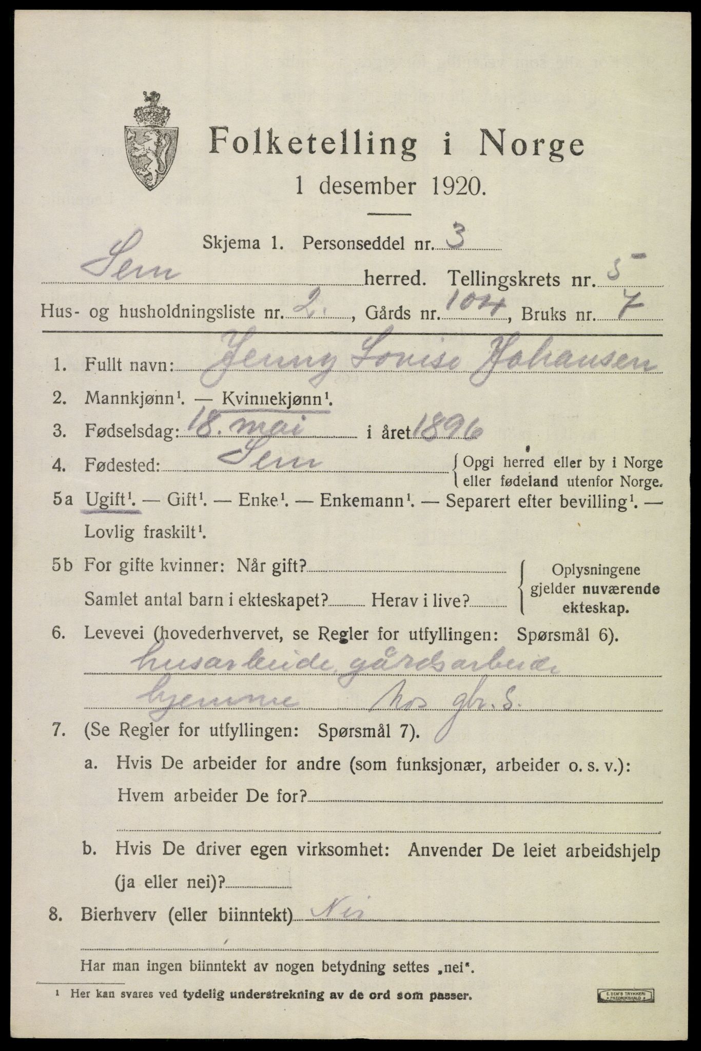 SAKO, 1920 census for Sem, 1920, p. 7857